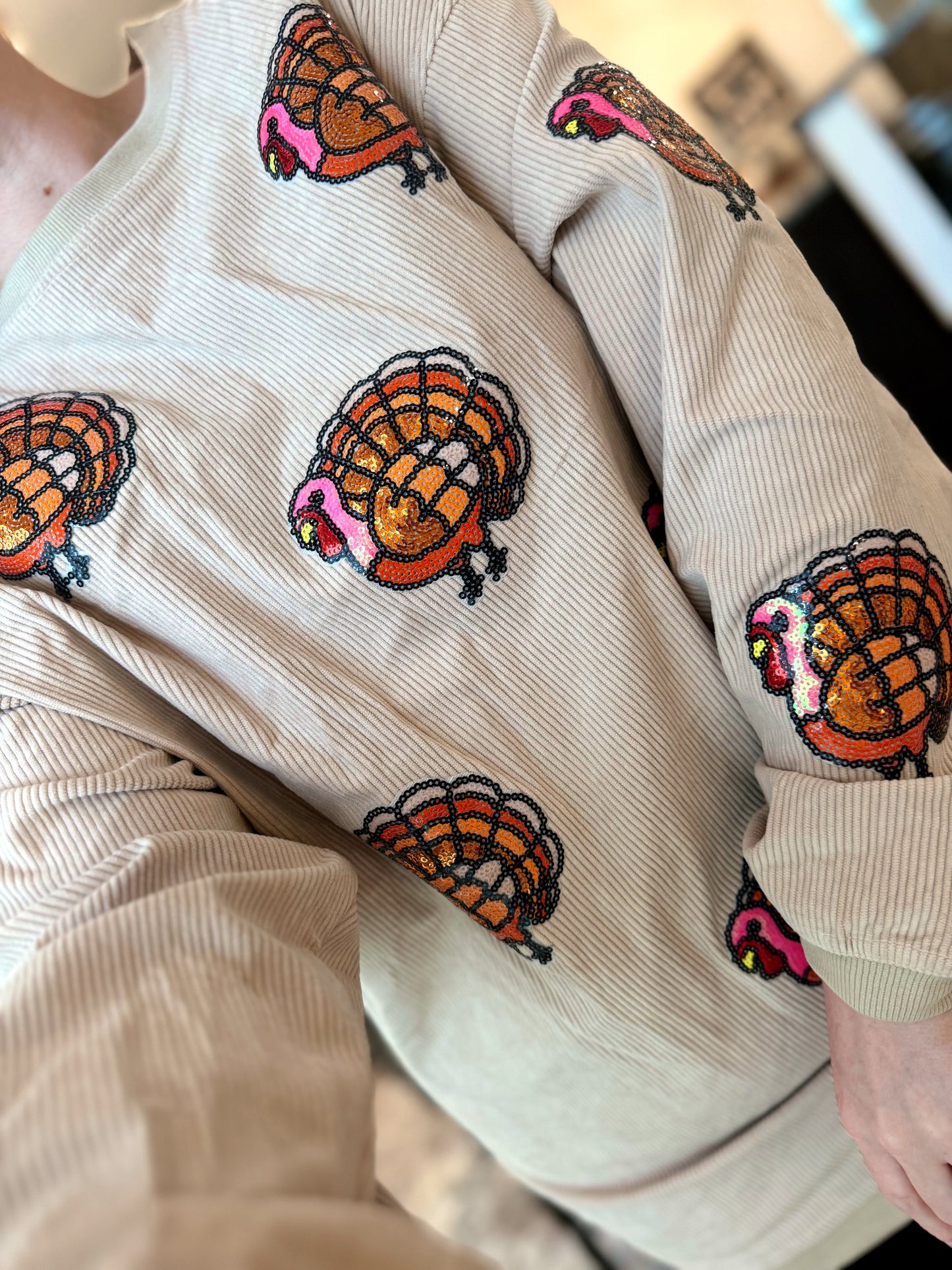 Pink/Orange Sequin Turkey Corded Crews