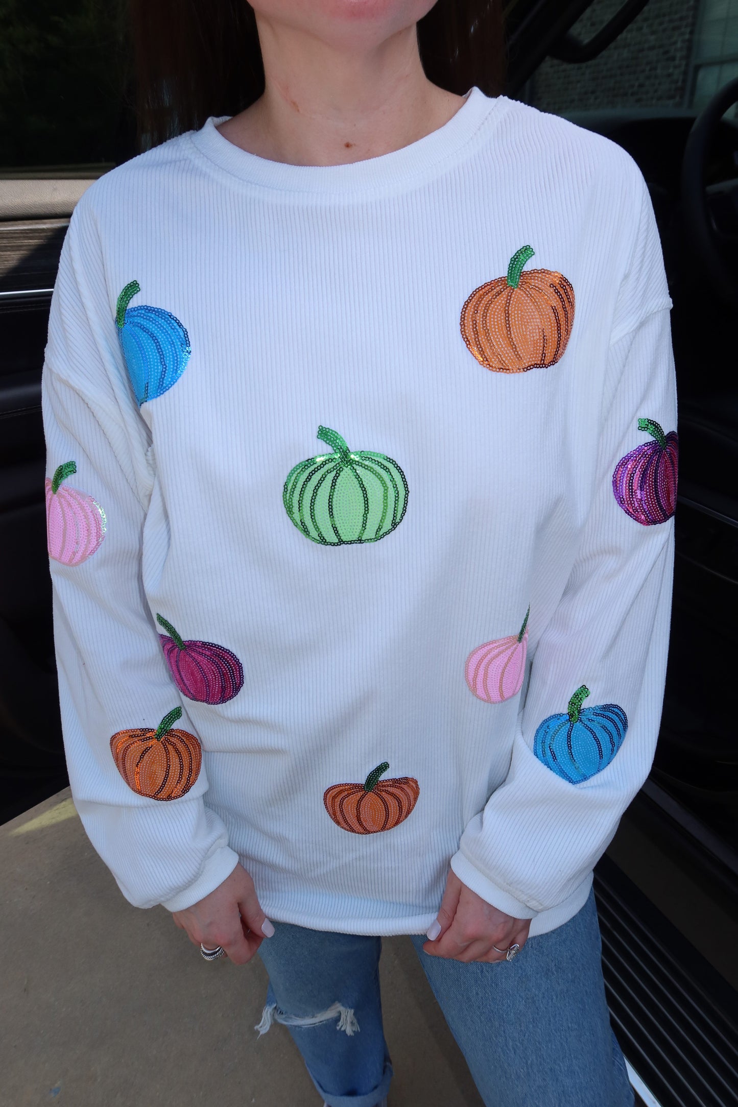 Multicolor Pumpkin Sequin Corded Crews