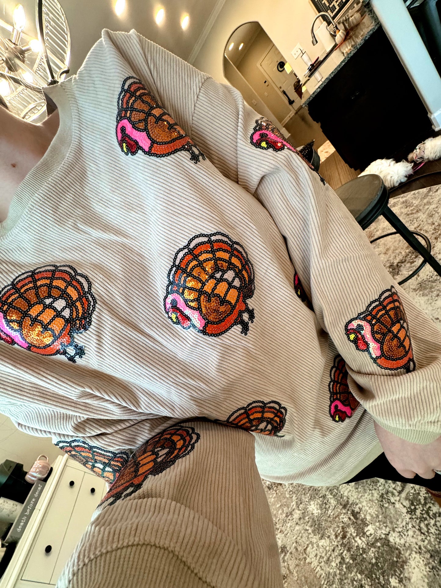 Pink/Orange Sequin Turkey Corded Crews