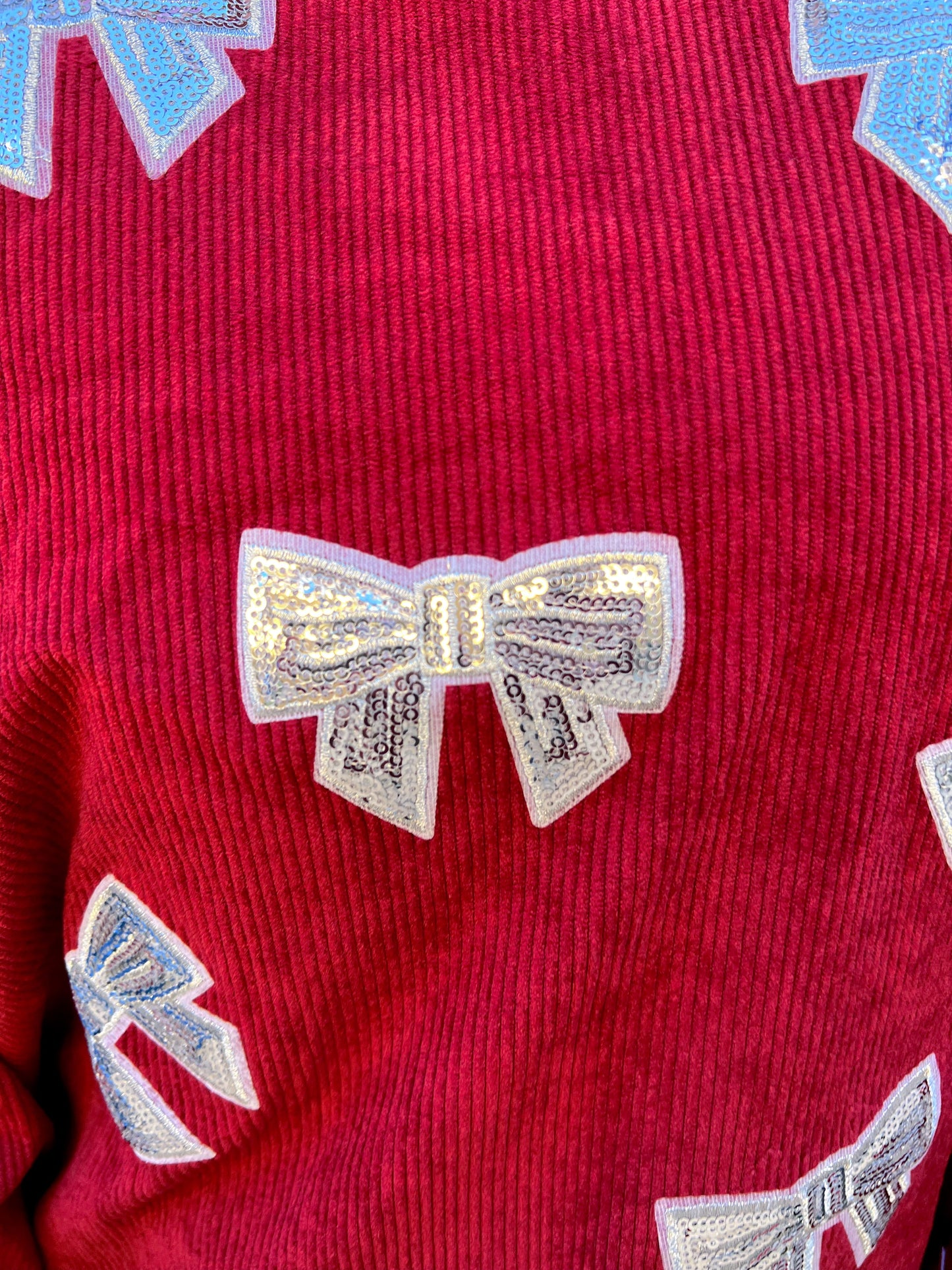 Preorder Red/Silver Sequin Bow Corded Crew