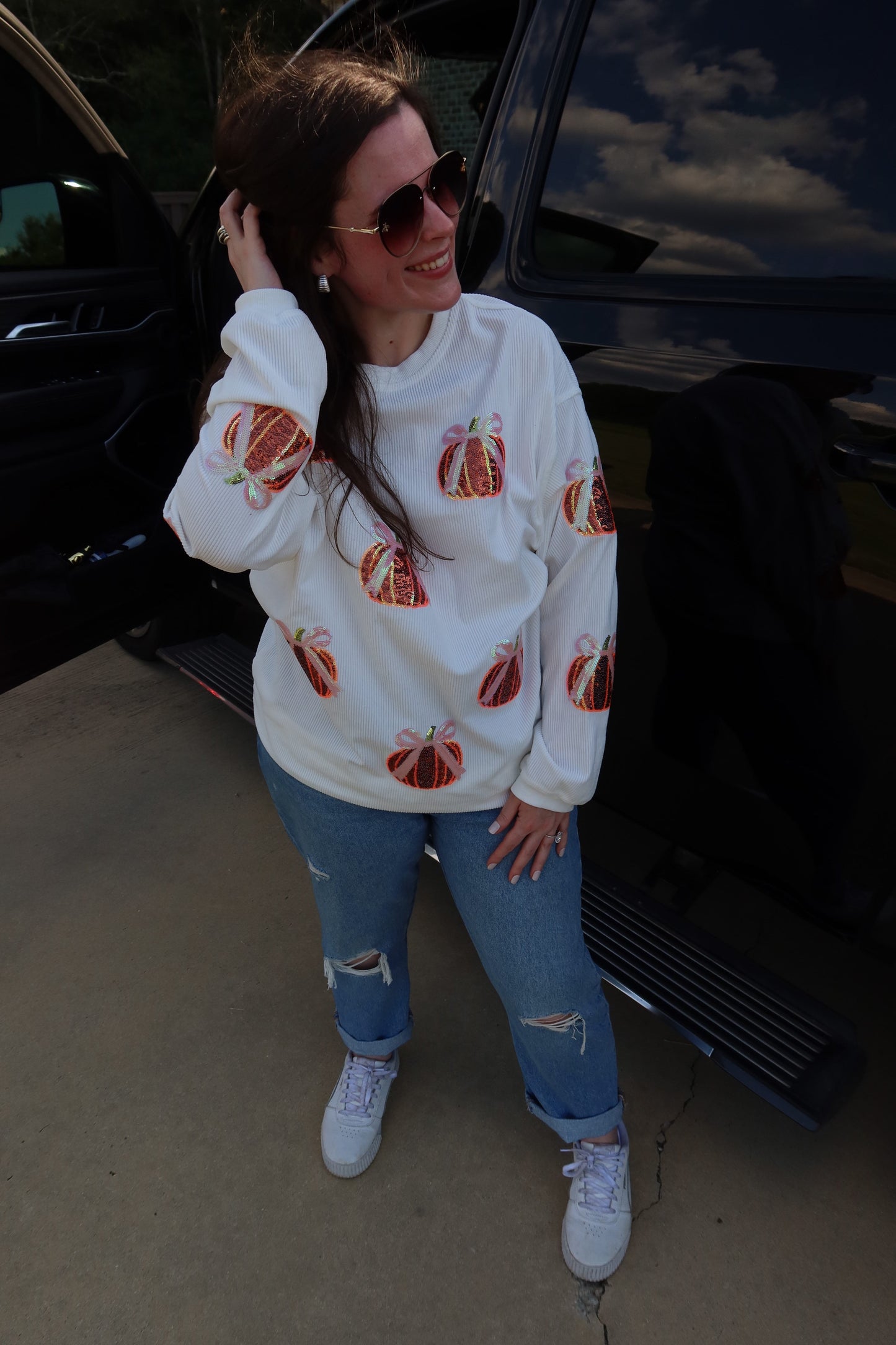 Bow Pumpkin Sequin Corded Crew