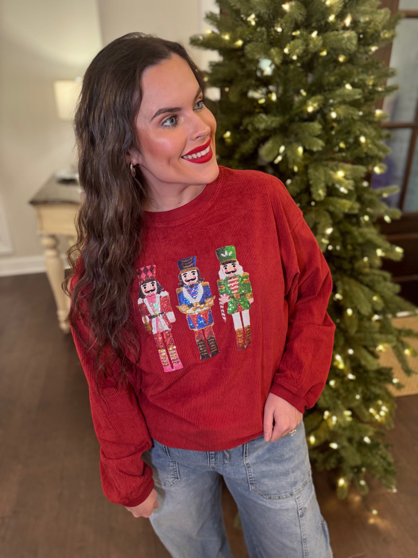 Crimson Sequin Nutcracker Corded Crew