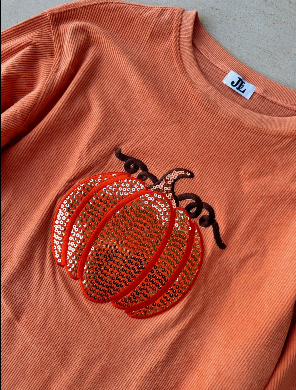 RTS Orange Sequin Pumpkin Corded Crew