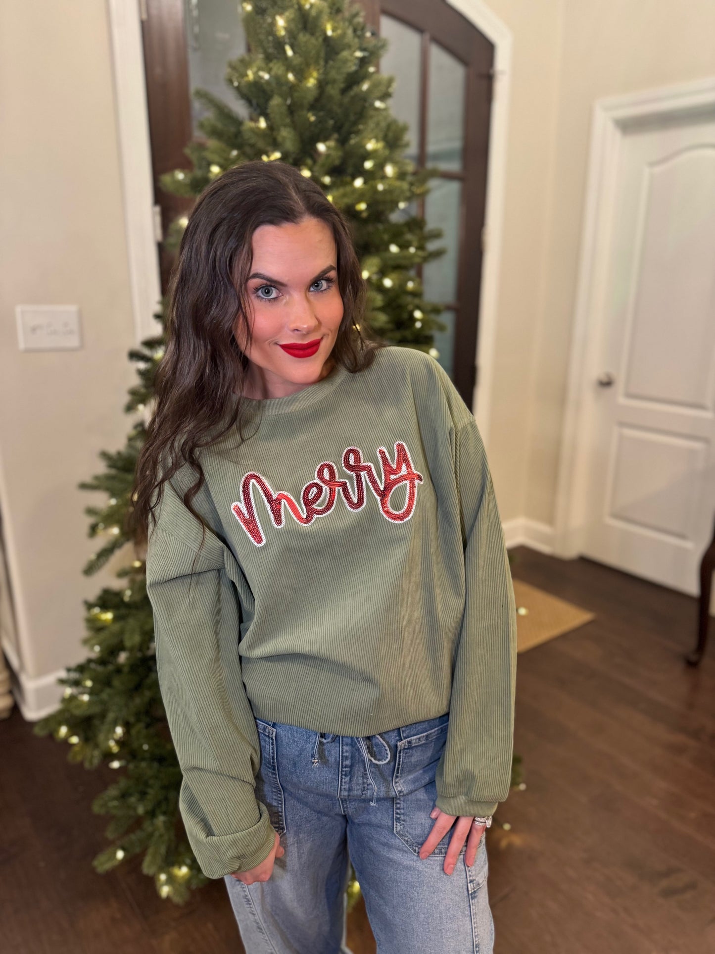 Merry Sequin Corded Crew