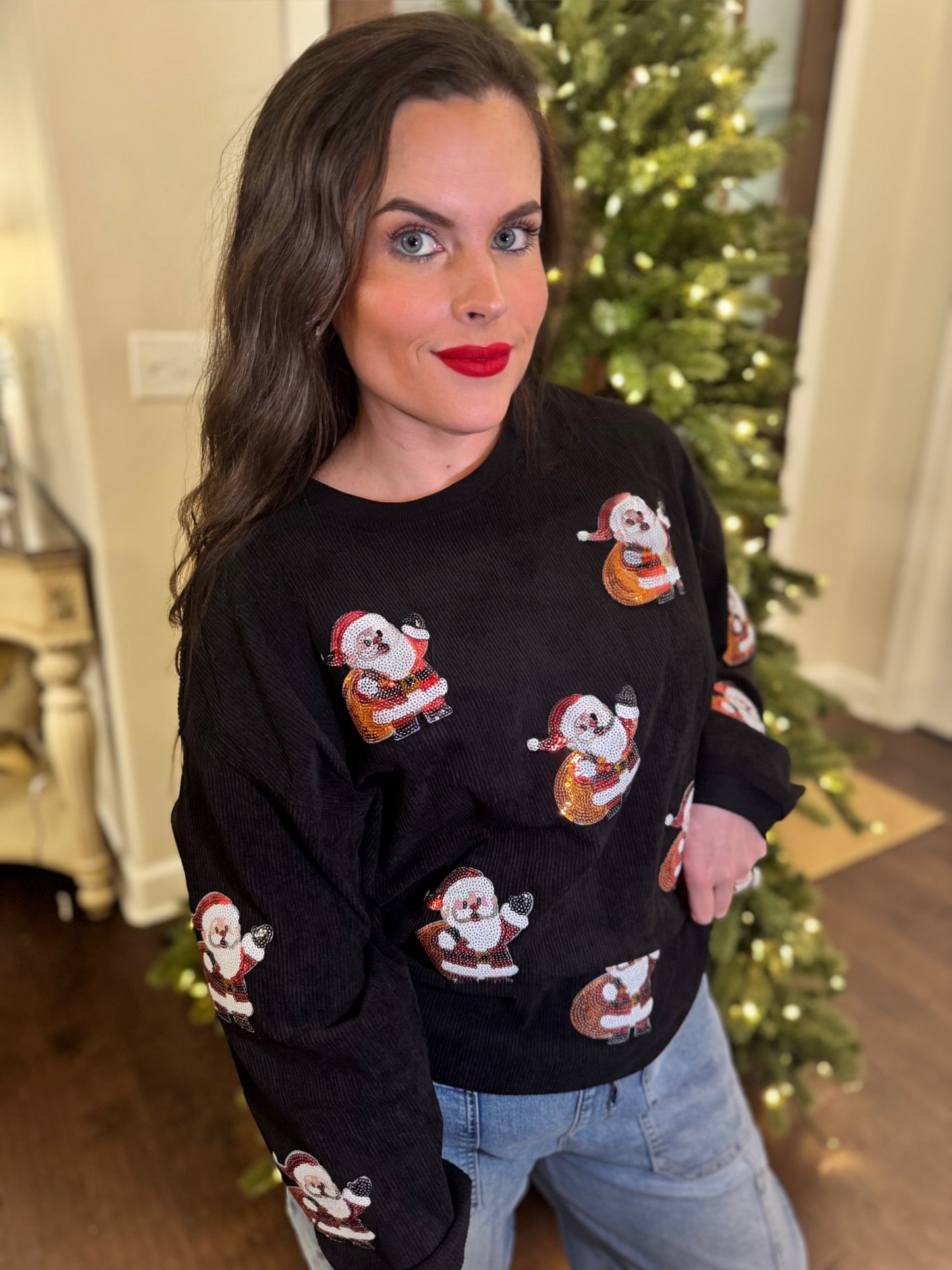 Sequin Santa Gift Corded Crew