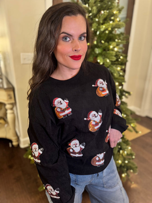 Sequin Santa Gift Corded Crew