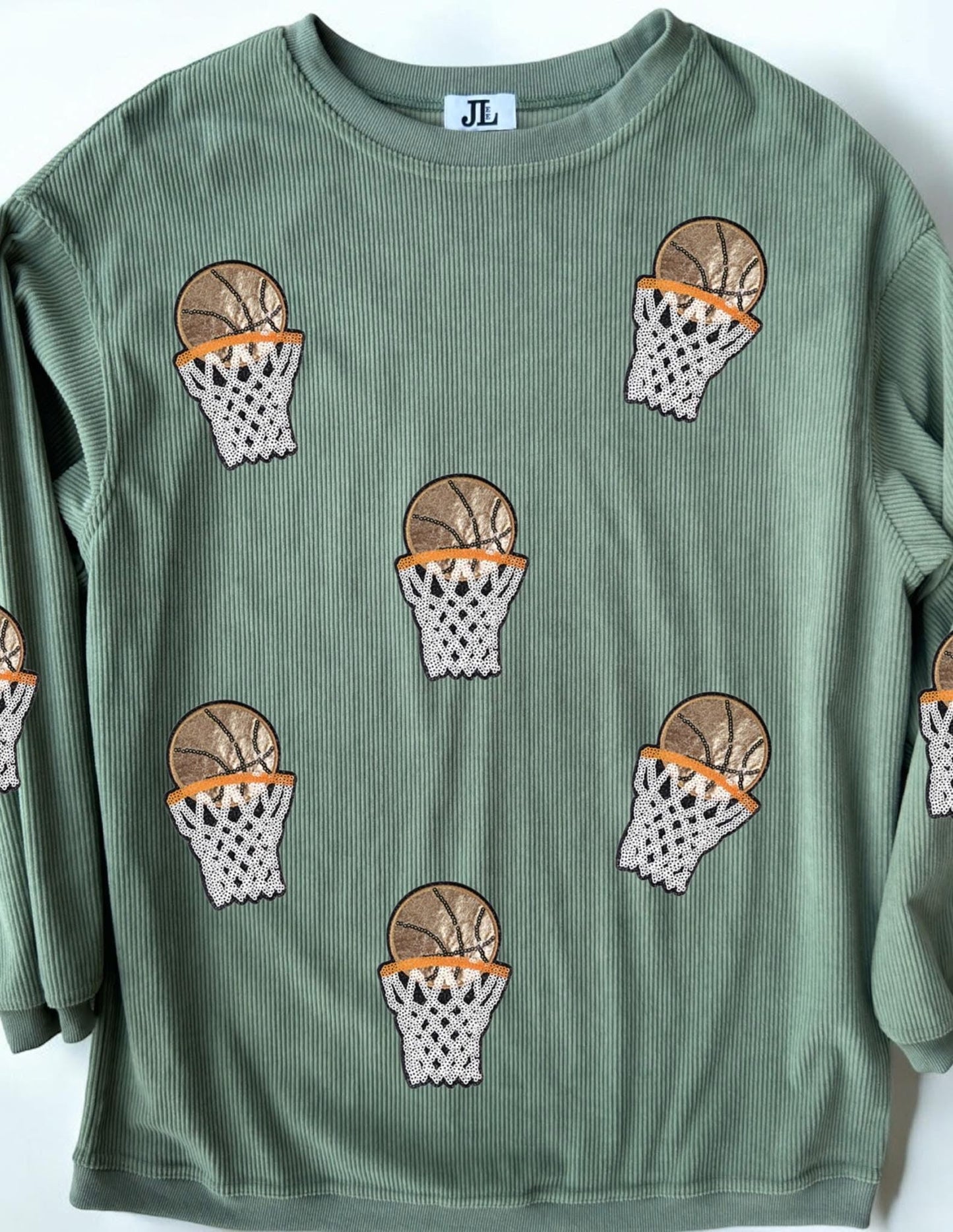 (MULTI COLOR) Sequin Basketball Corded Crews