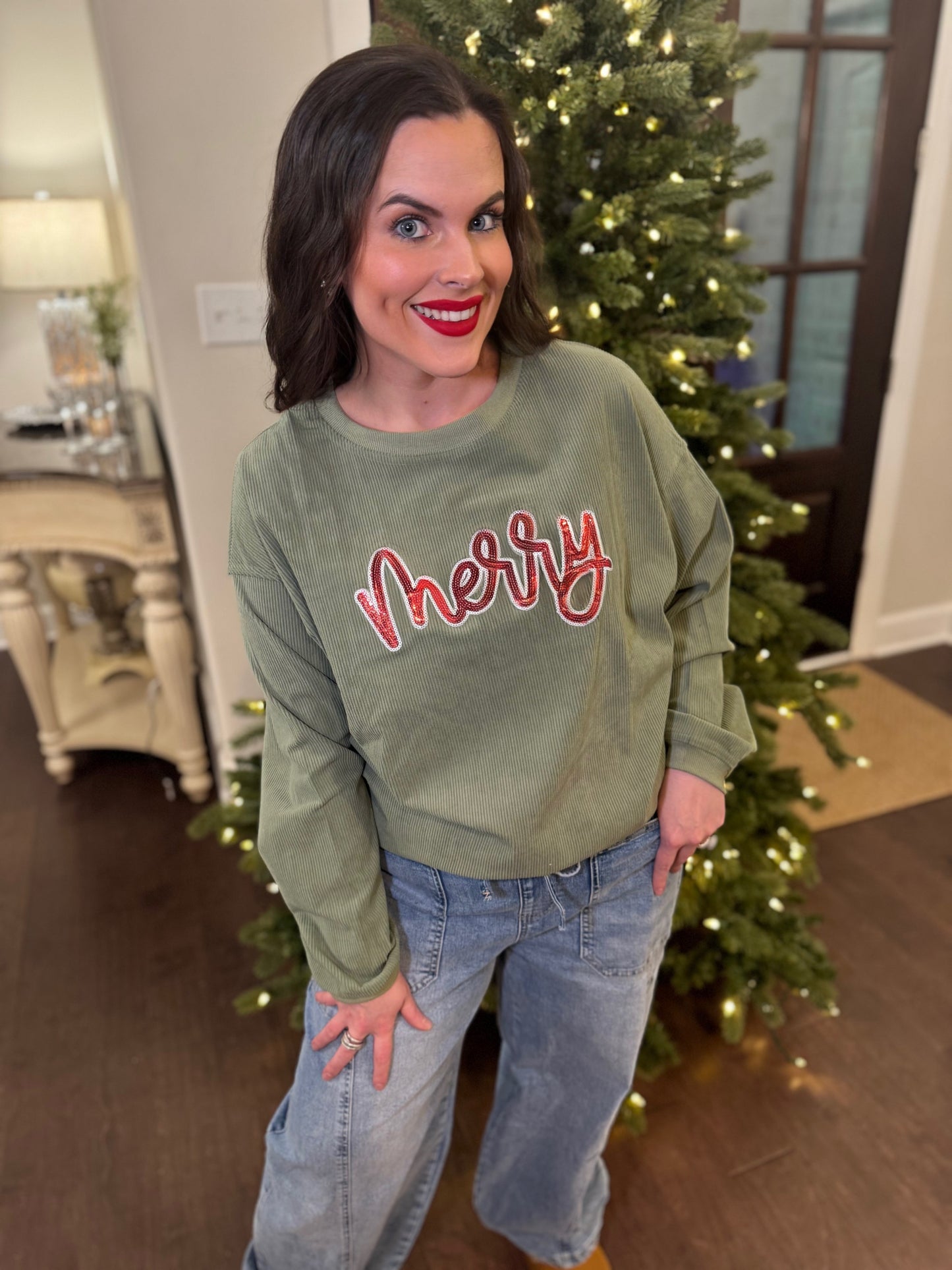 Merry Sequin Corded Crew
