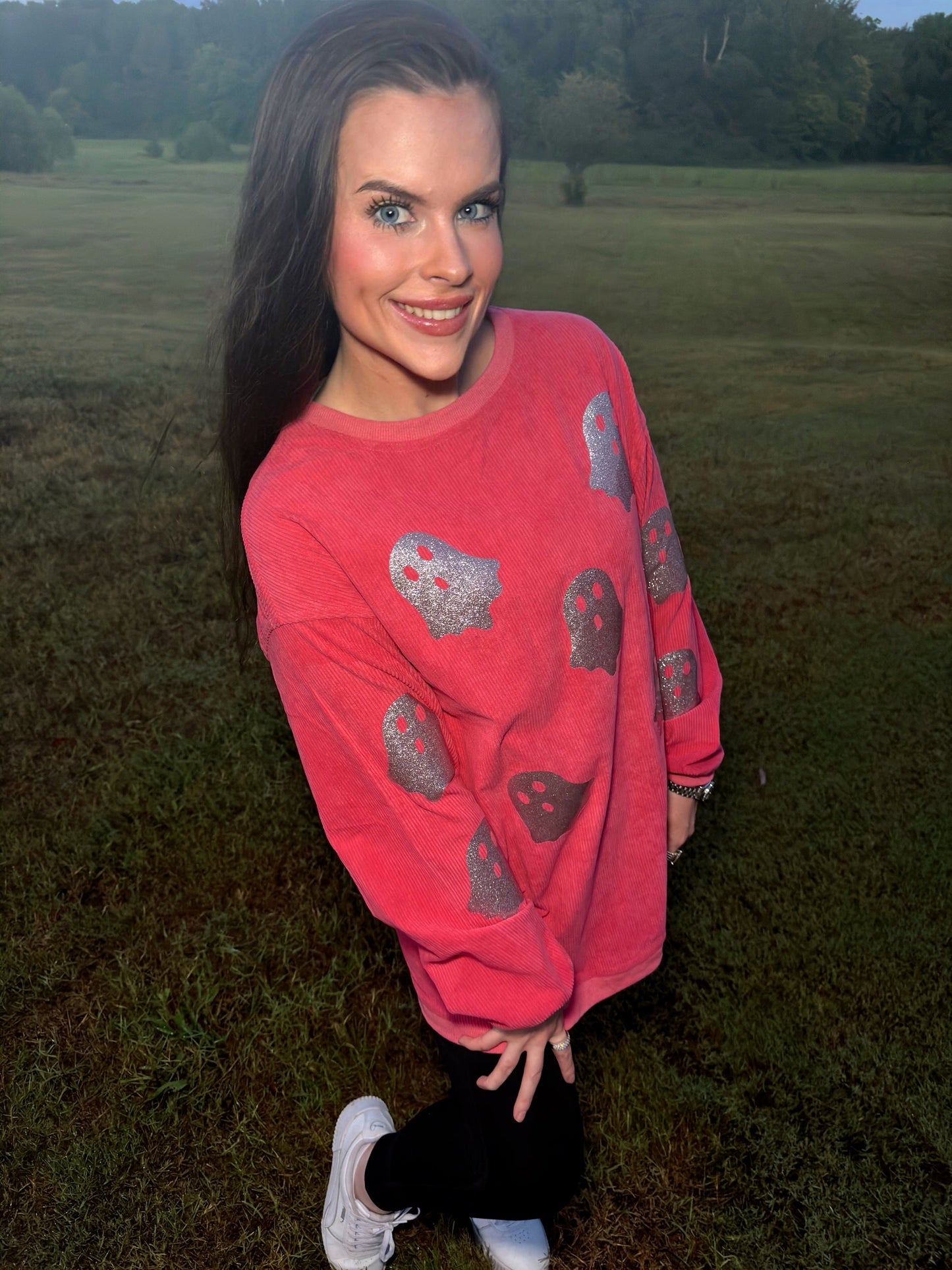 Blush Pink Glitter Ghost Corded Crew