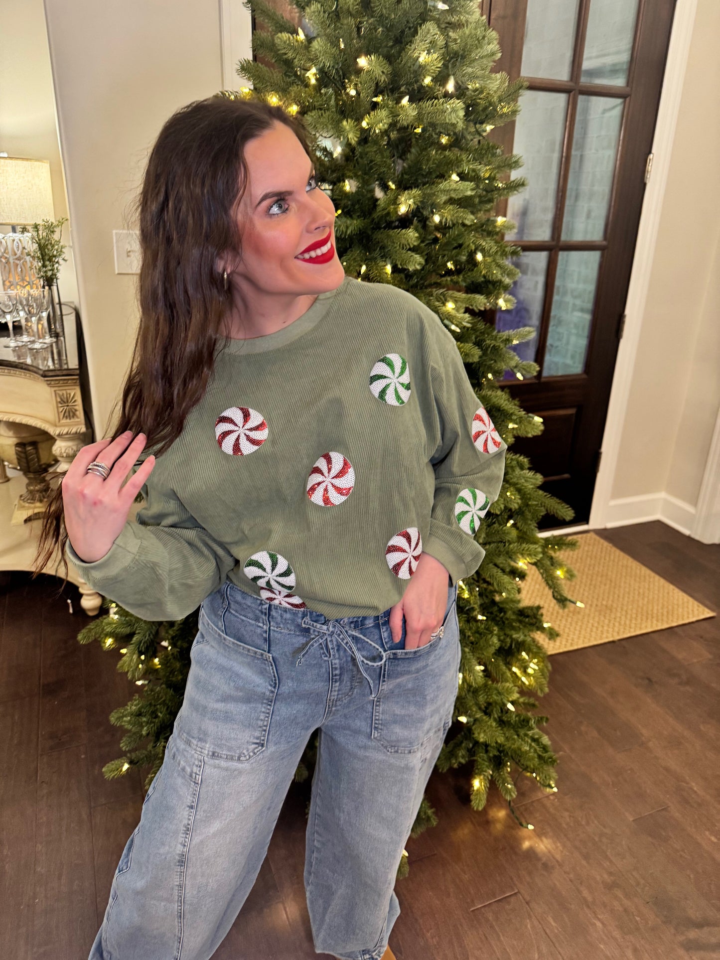 Peppermint Sequin Corded Crews