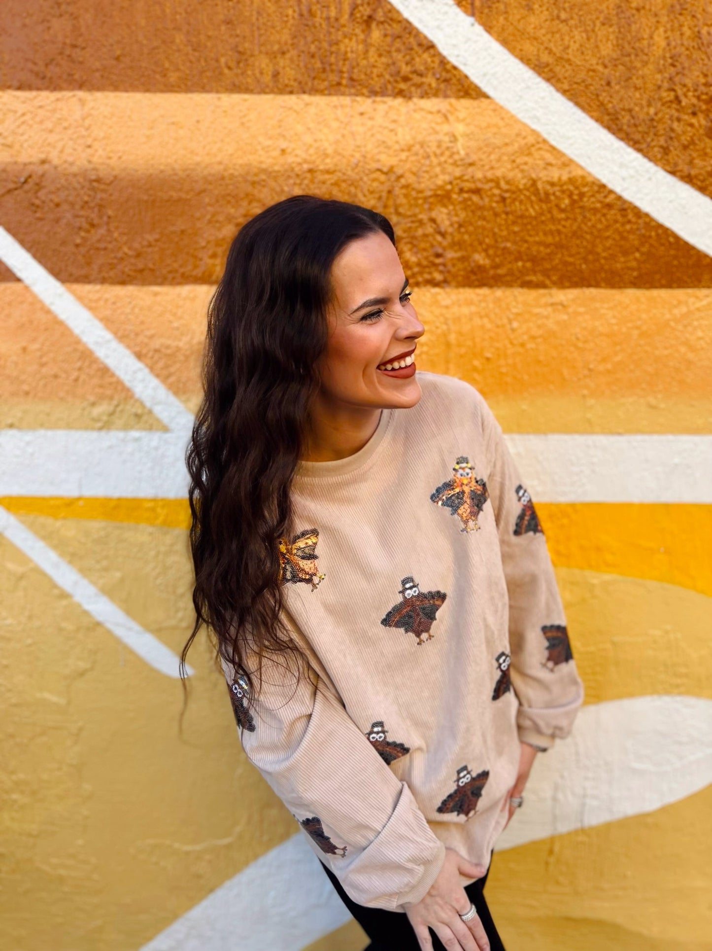 Beige Sequin Turkey Corded Crew
