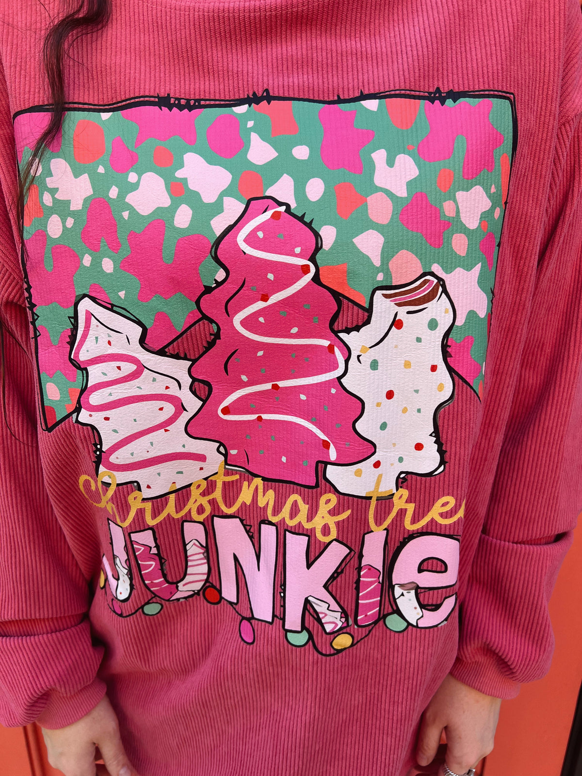 RTS Pink Christmas Tree Junkie Corded Crew