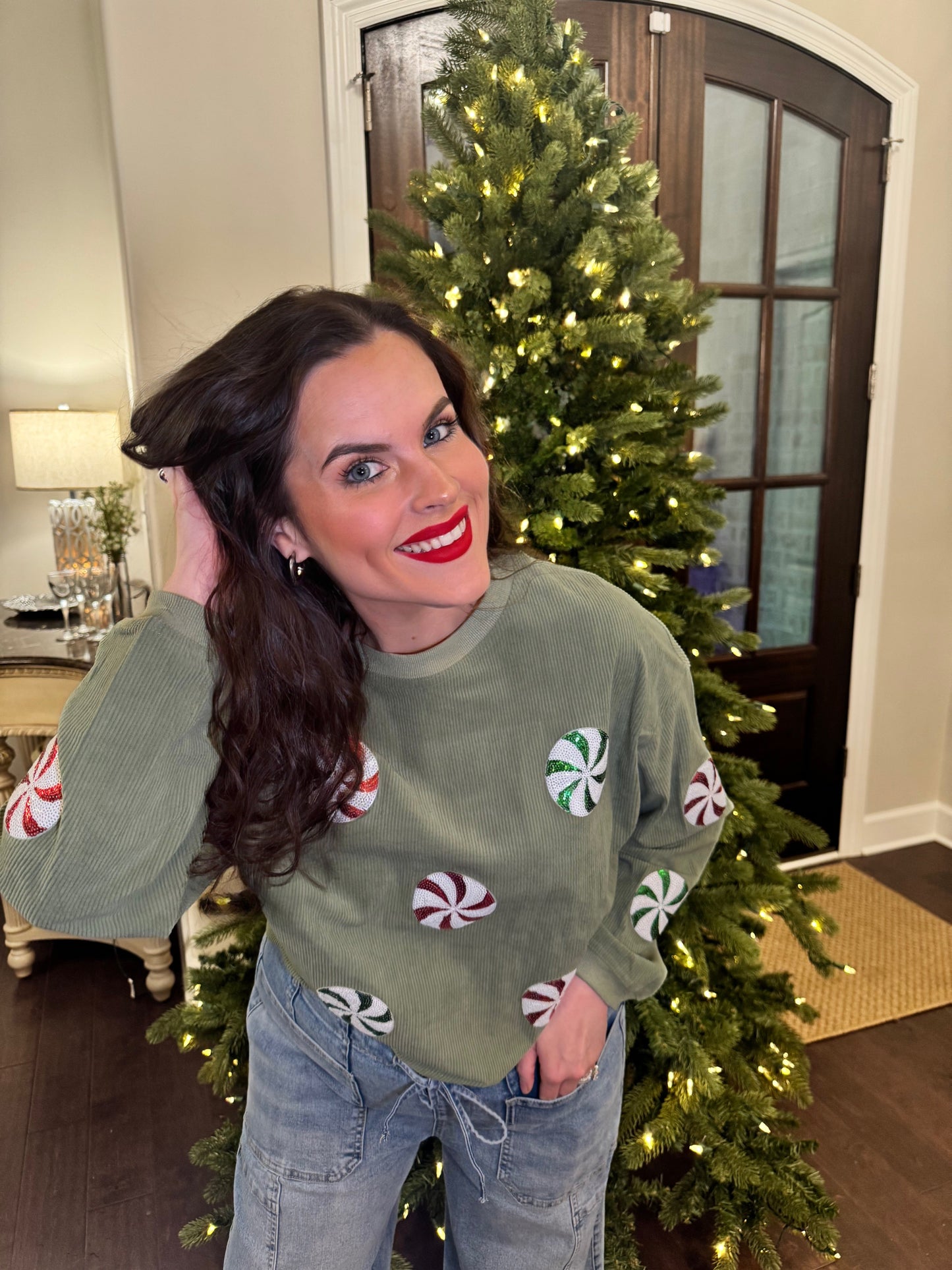 Peppermint Sequin Corded Crews