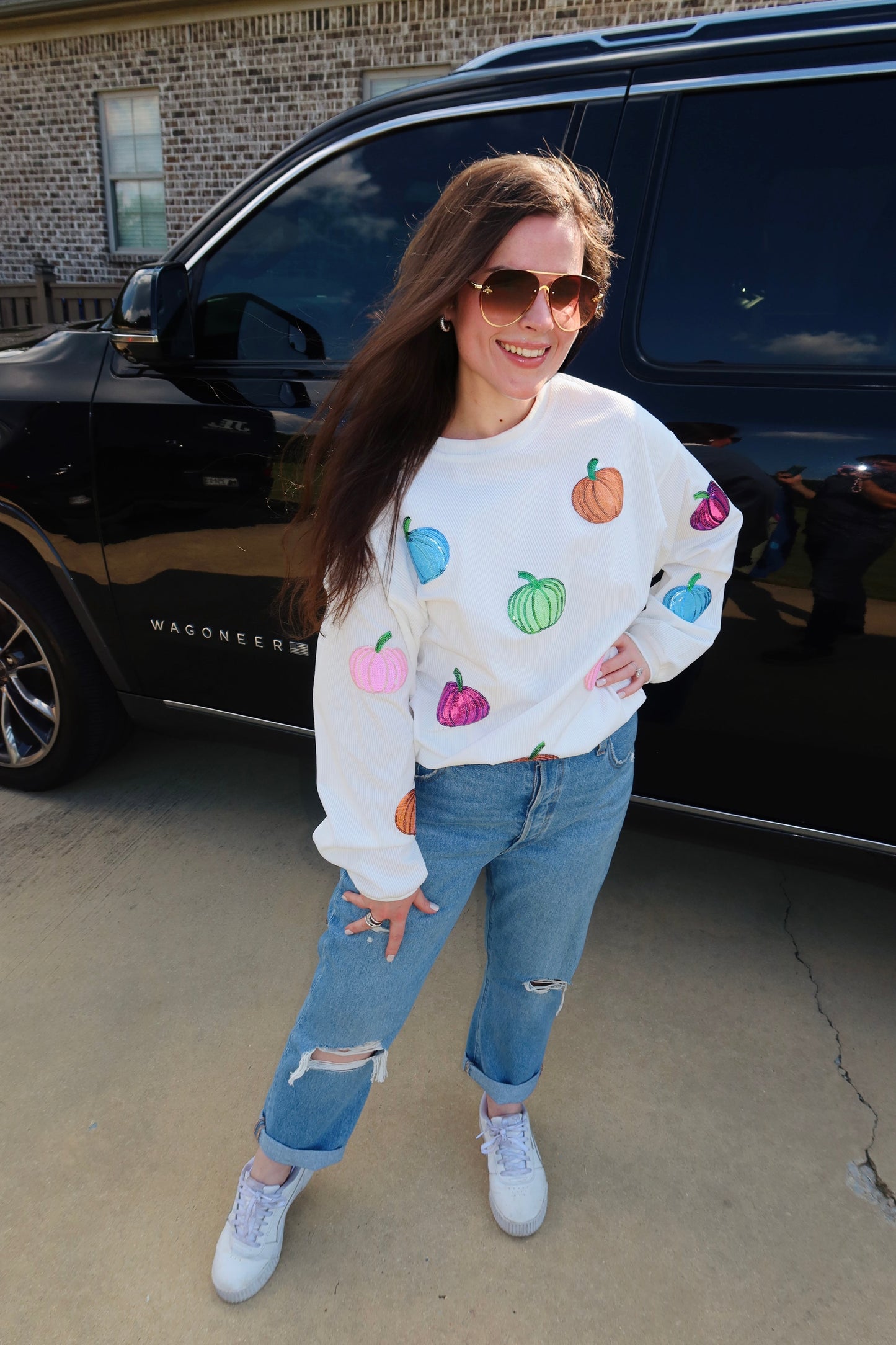 Multicolor Pumpkin Sequin Corded Crews