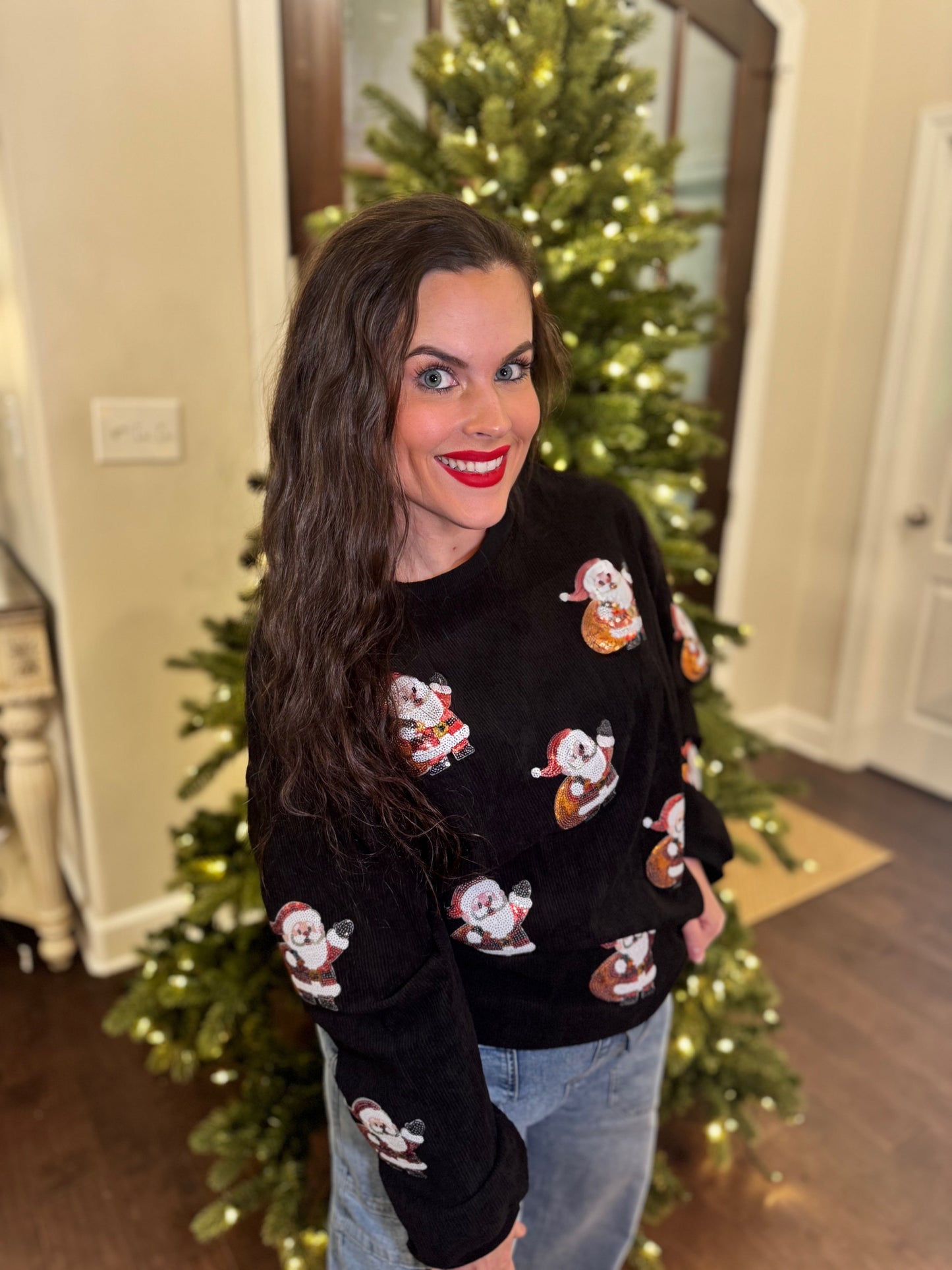 Sequin Santa Gift Corded Crew