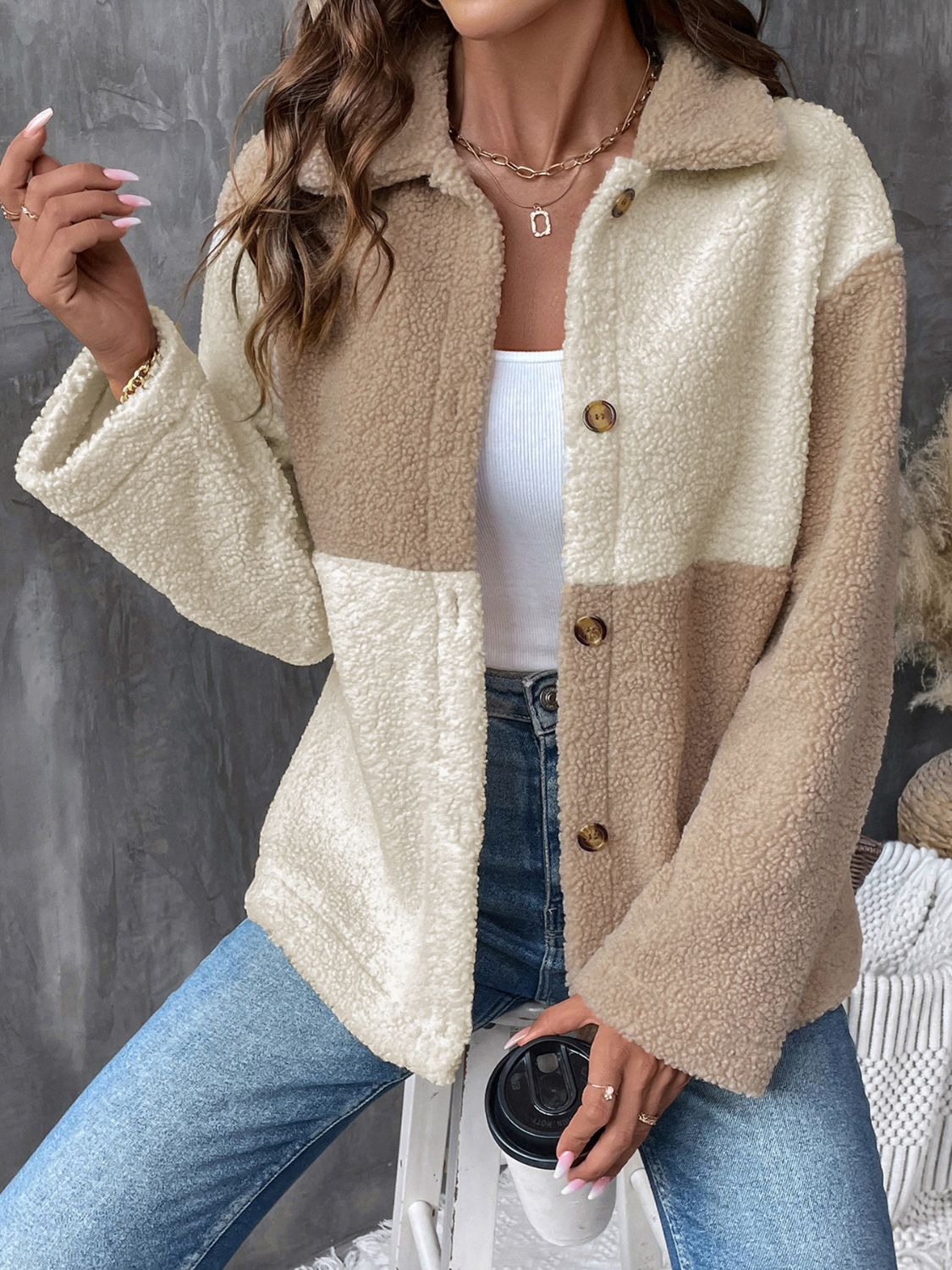 Perfect Color Block Collared Neck Long Sleeve Jacket