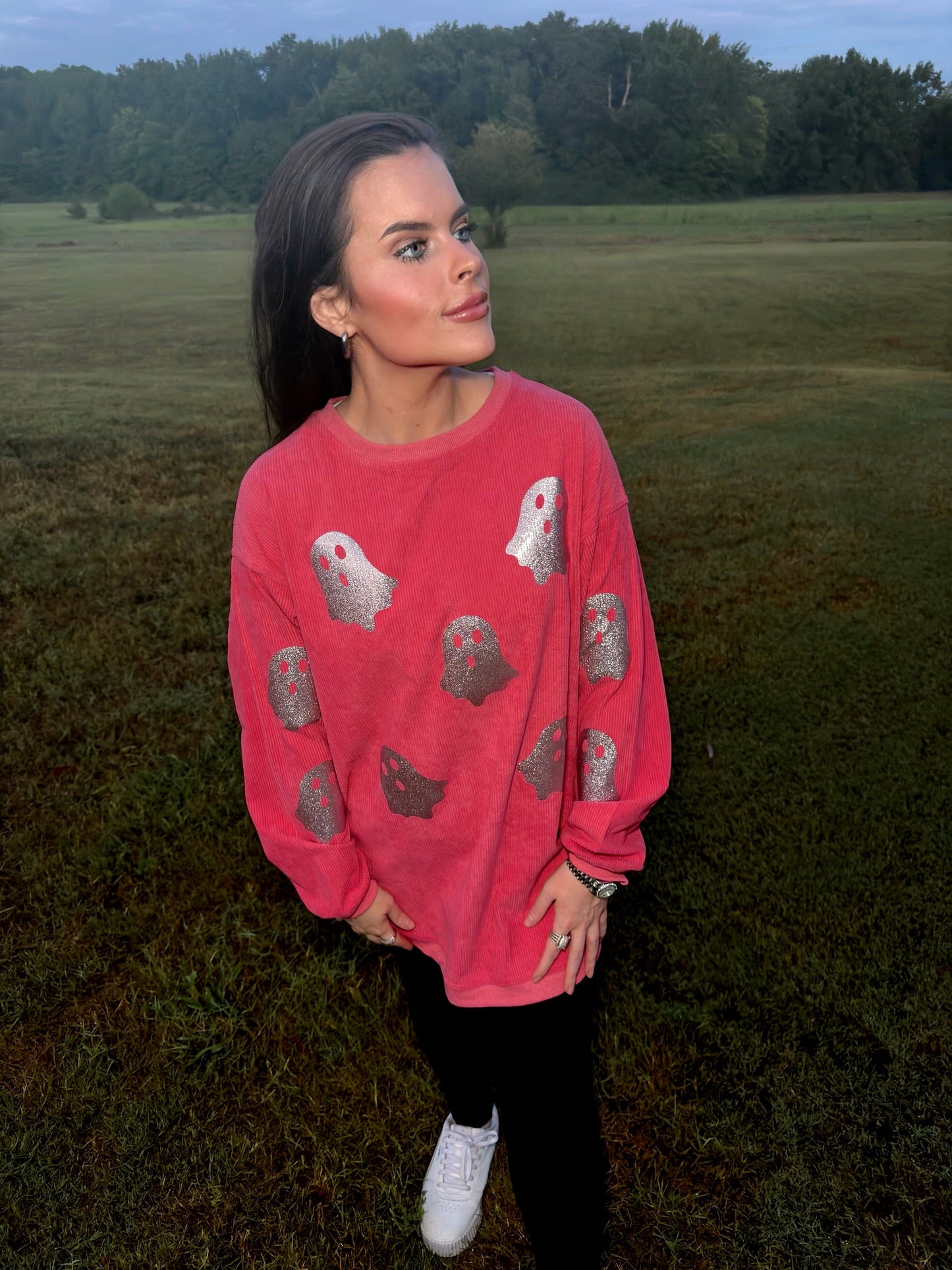 Blush Pink Glitter Ghost Corded Crew