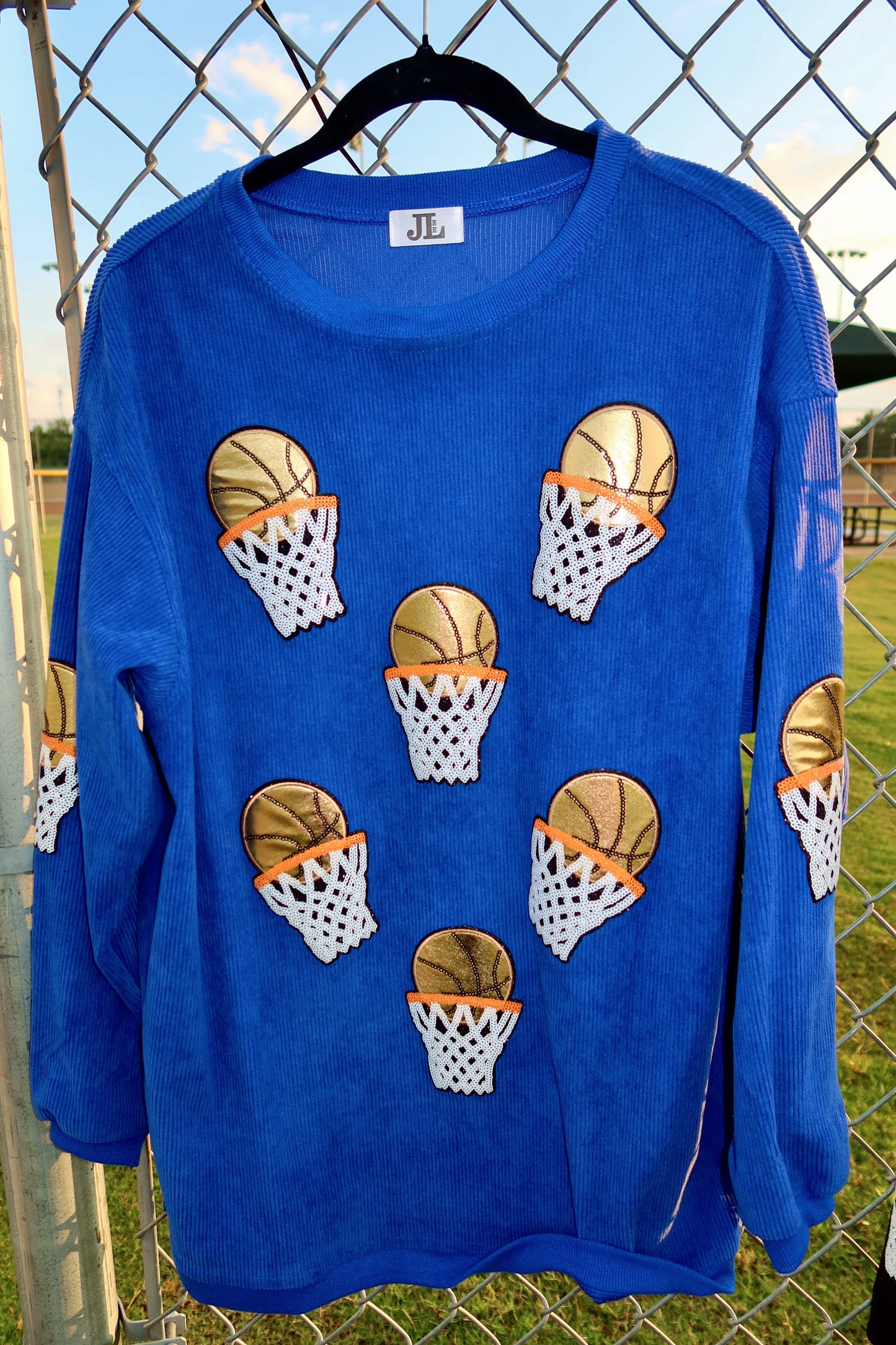 (MULTI COLOR) Sequin Basketball Corded Crews