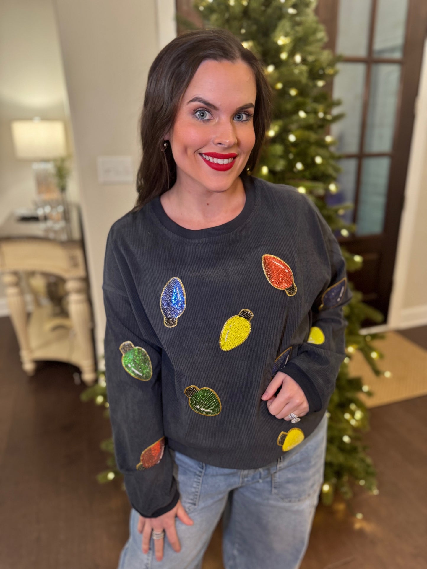 Sequin Lights Charcoal Corded Crew