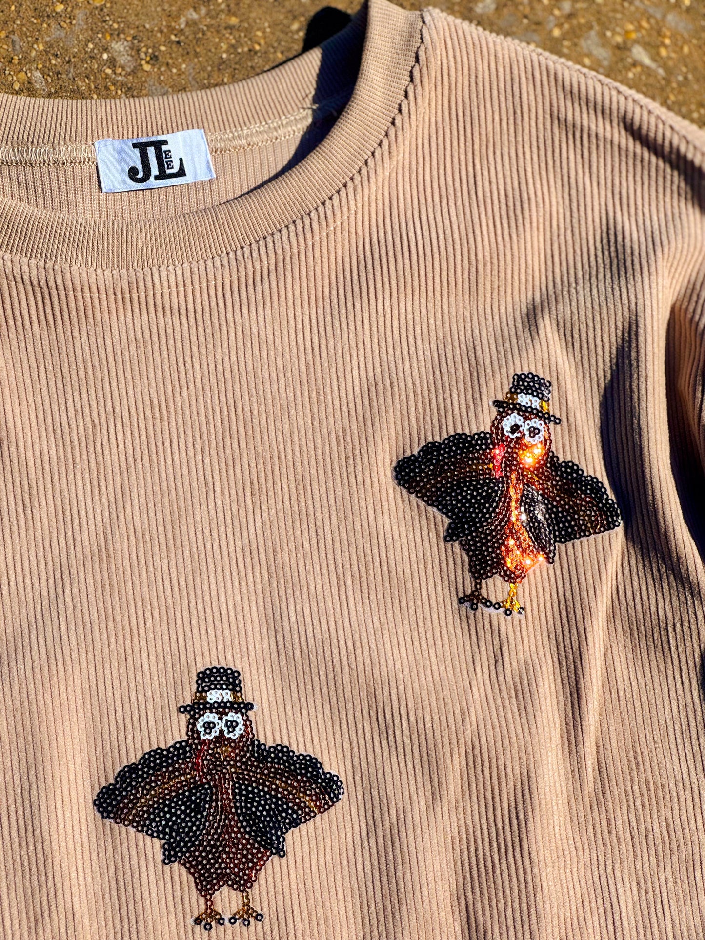 Beige Sequin Turkey Corded Crew