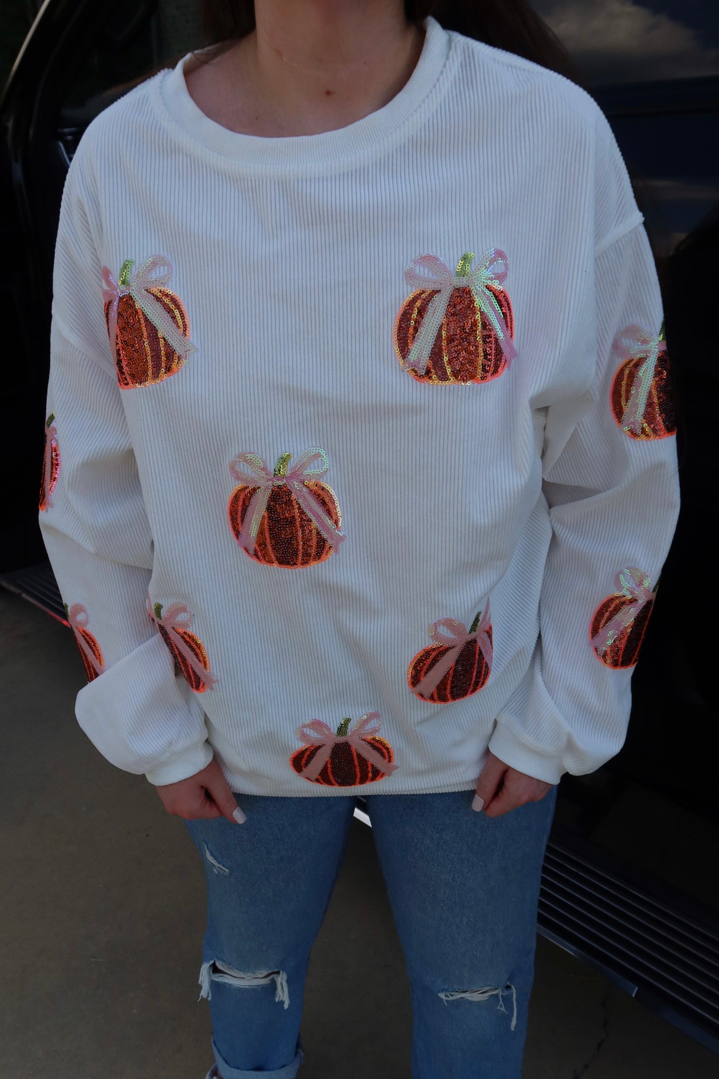Bow Pumpkin Sequin Corded Crew