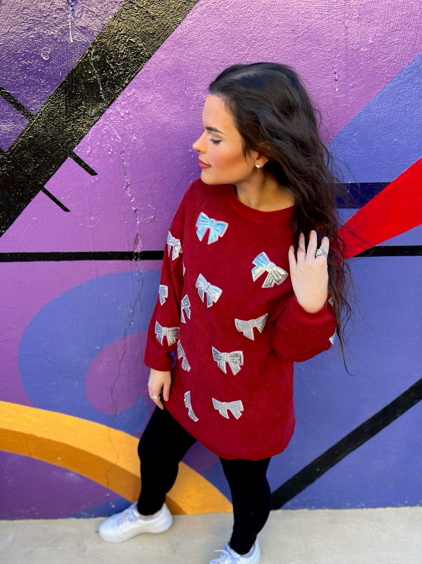 Preorder Red/Silver Sequin Bow Corded Crew