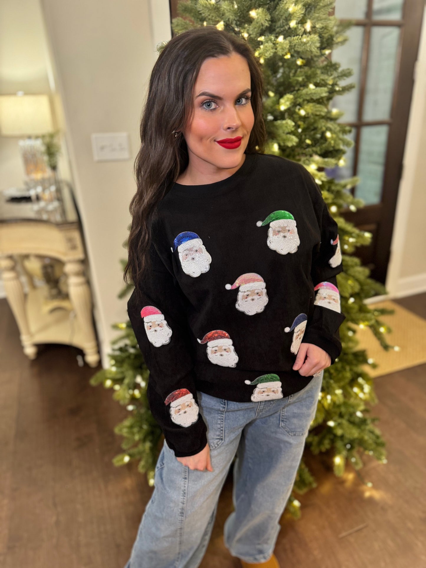 Black Multicolor Santa Sequins Corded Crew