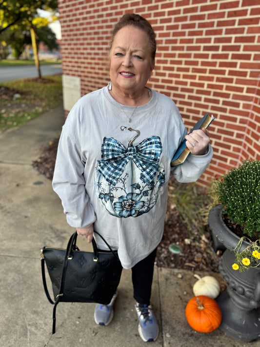 RTS Blue/Gray Floral Pumpkin Corded Crew
