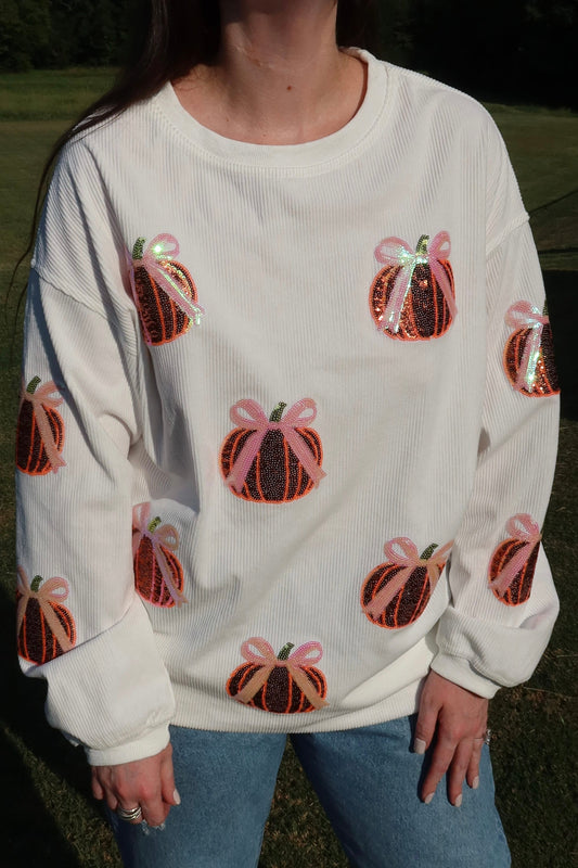 Bow Pumpkin Sequin Corded Crew