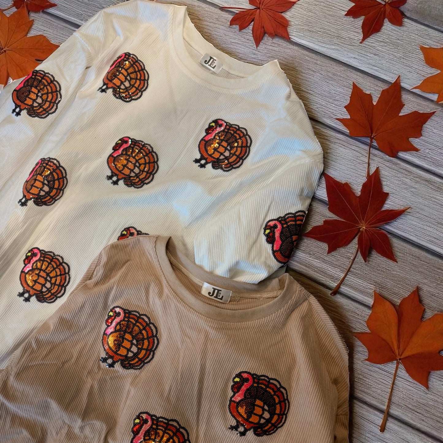 Pink/Orange Sequin Turkey Corded Crews