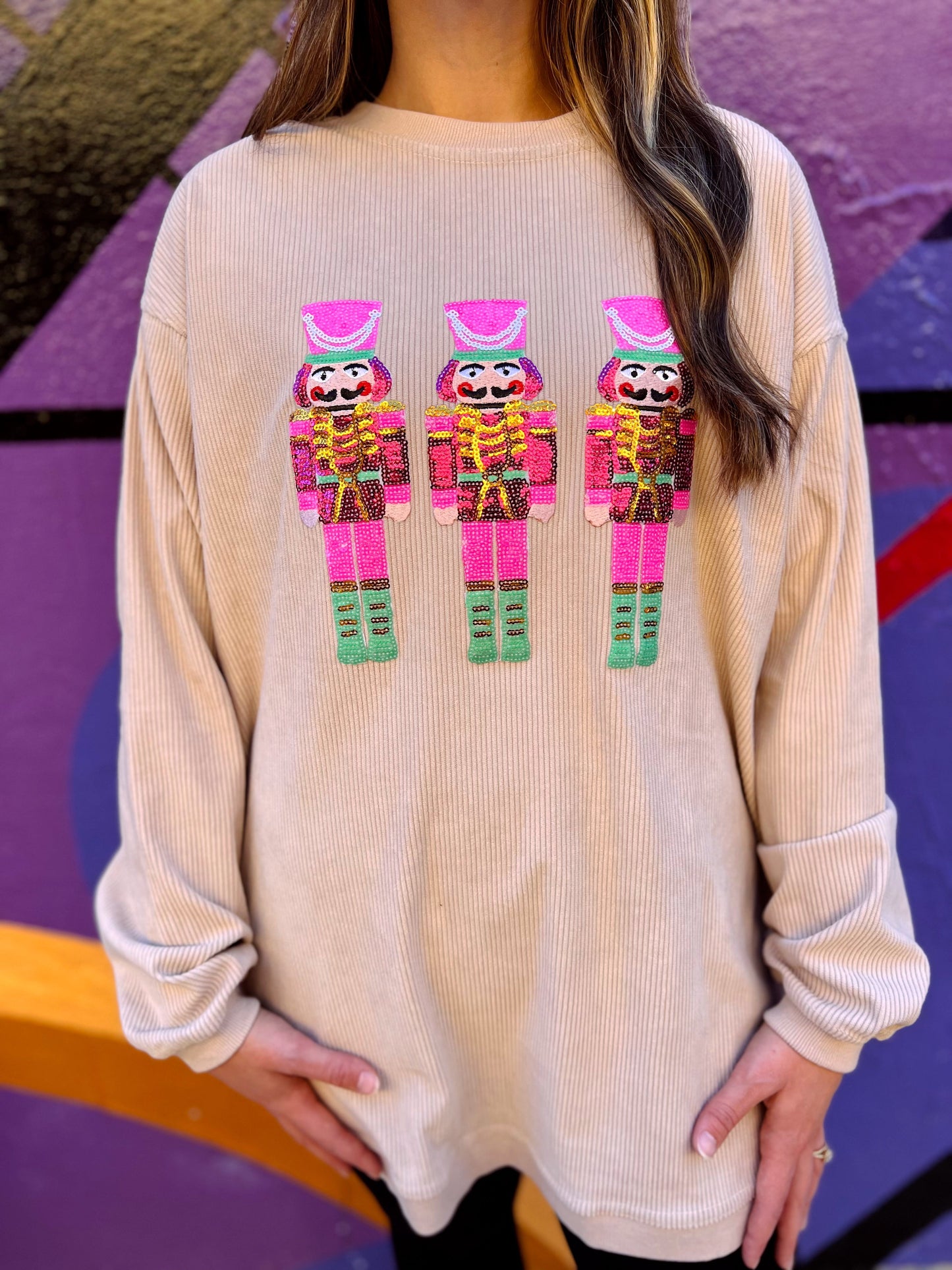RTS Beige/Pink Sequin Nutcracker Corded Crew