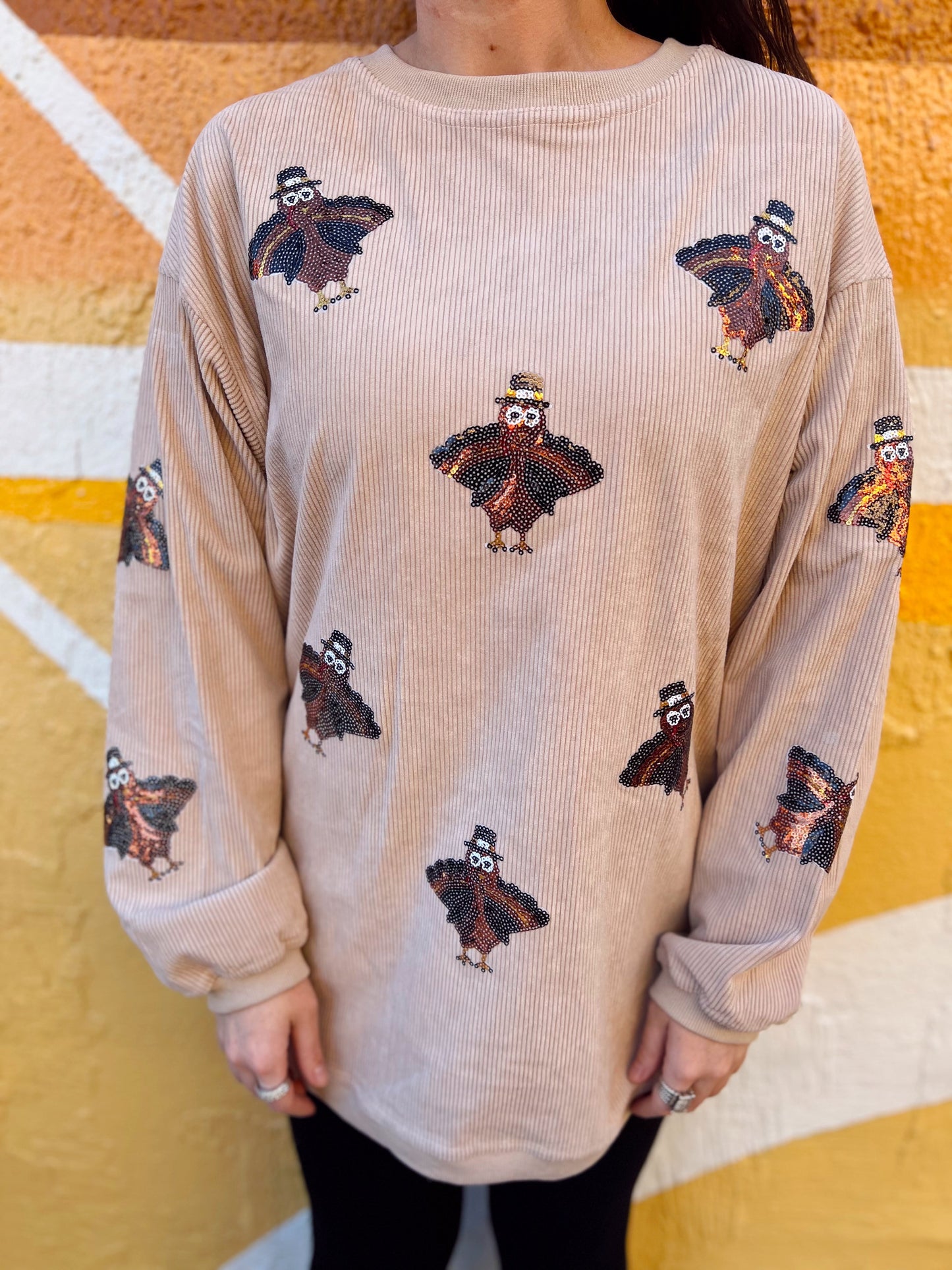 Beige Sequin Turkey Corded Crew