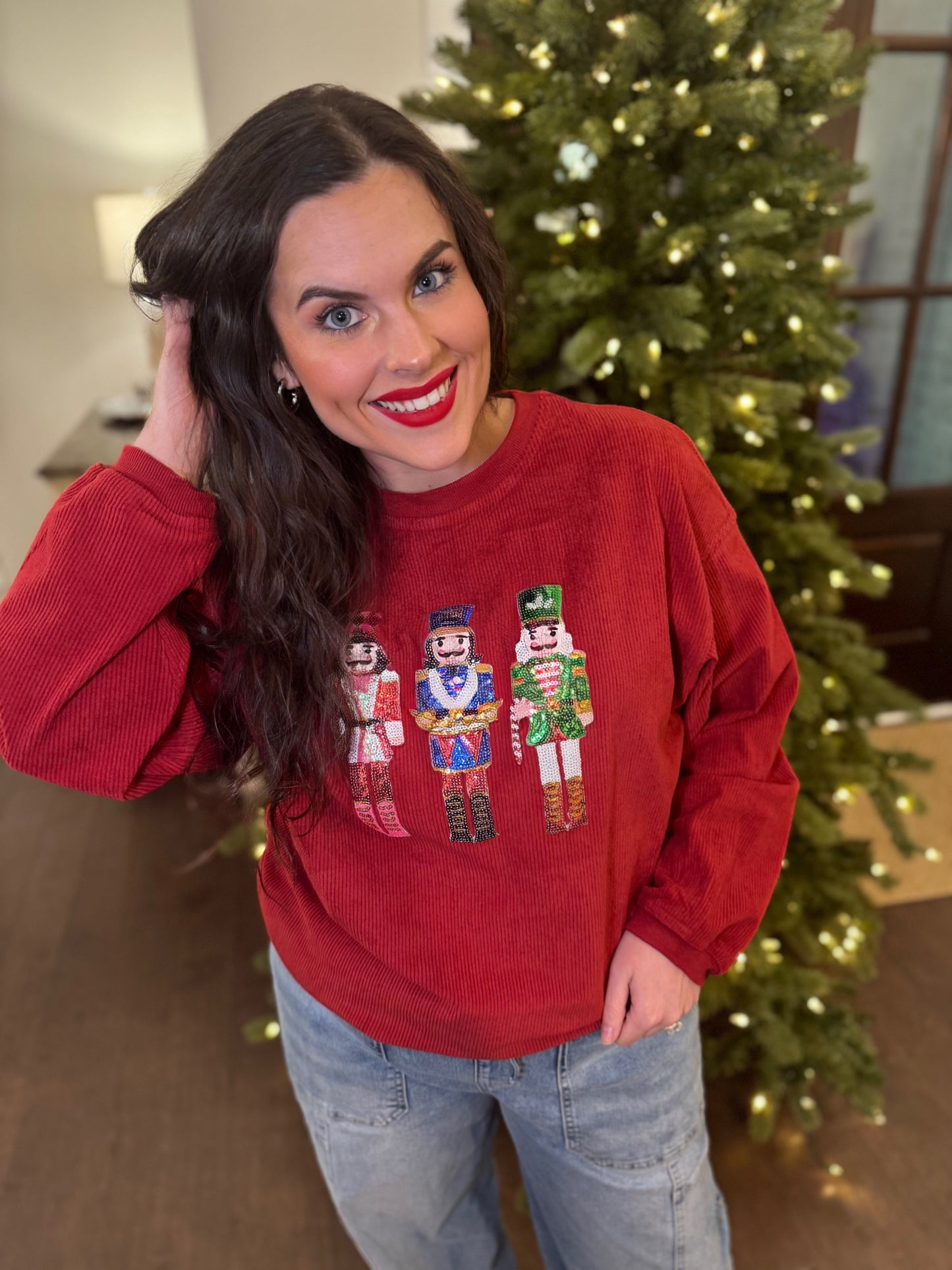Crimson Sequin Nutcracker Corded Crew