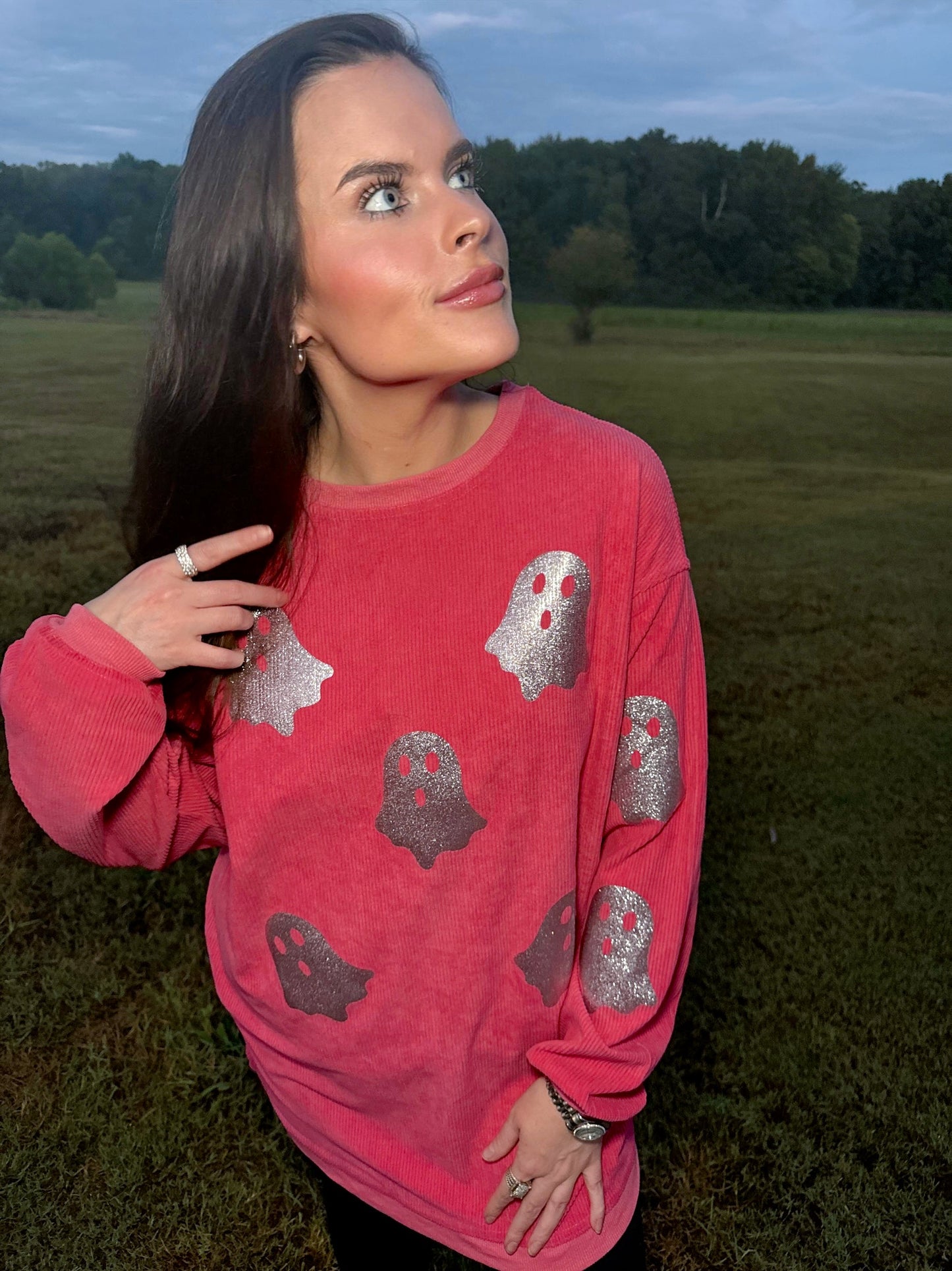 Blush Pink Glitter Ghost Corded Crew