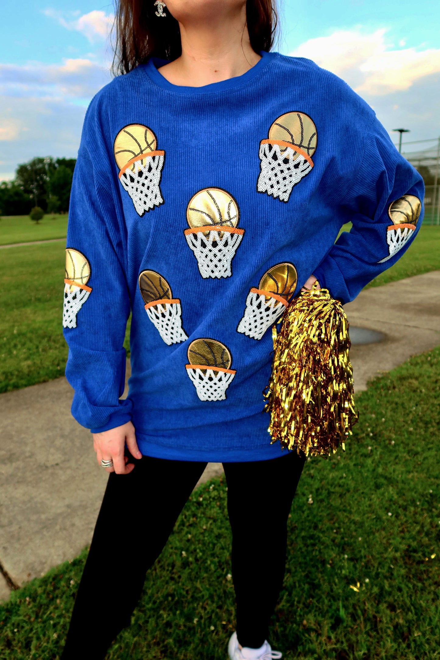 (MULTI COLOR) Sequin Basketball Corded Crews