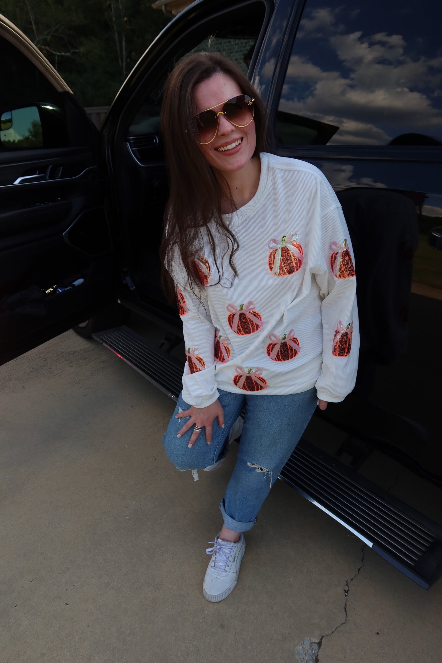 Bow Pumpkin Sequin Corded Crew