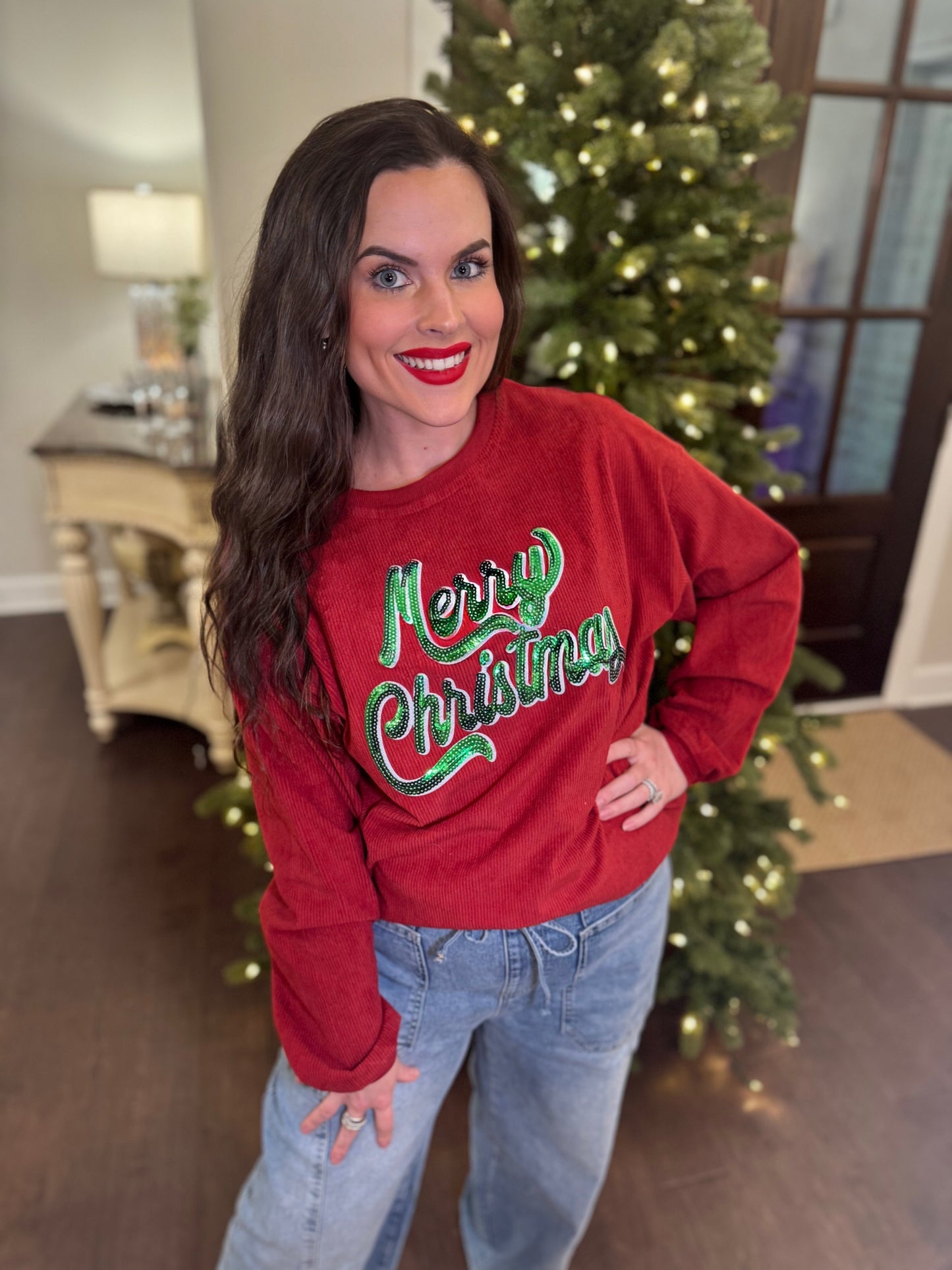 Merry Christmas Sequin Corded Crew