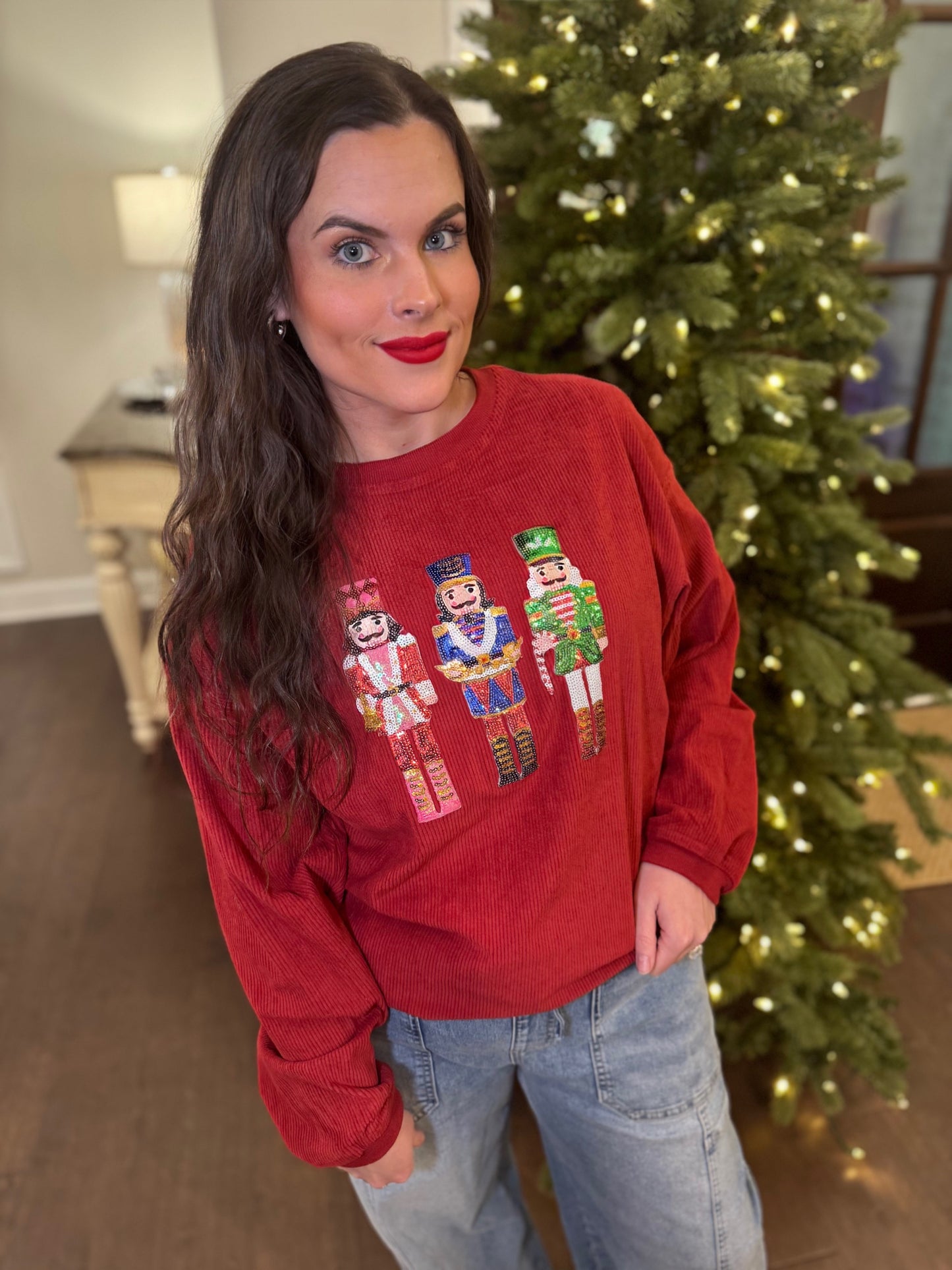 Crimson Sequin Nutcracker Corded Crew