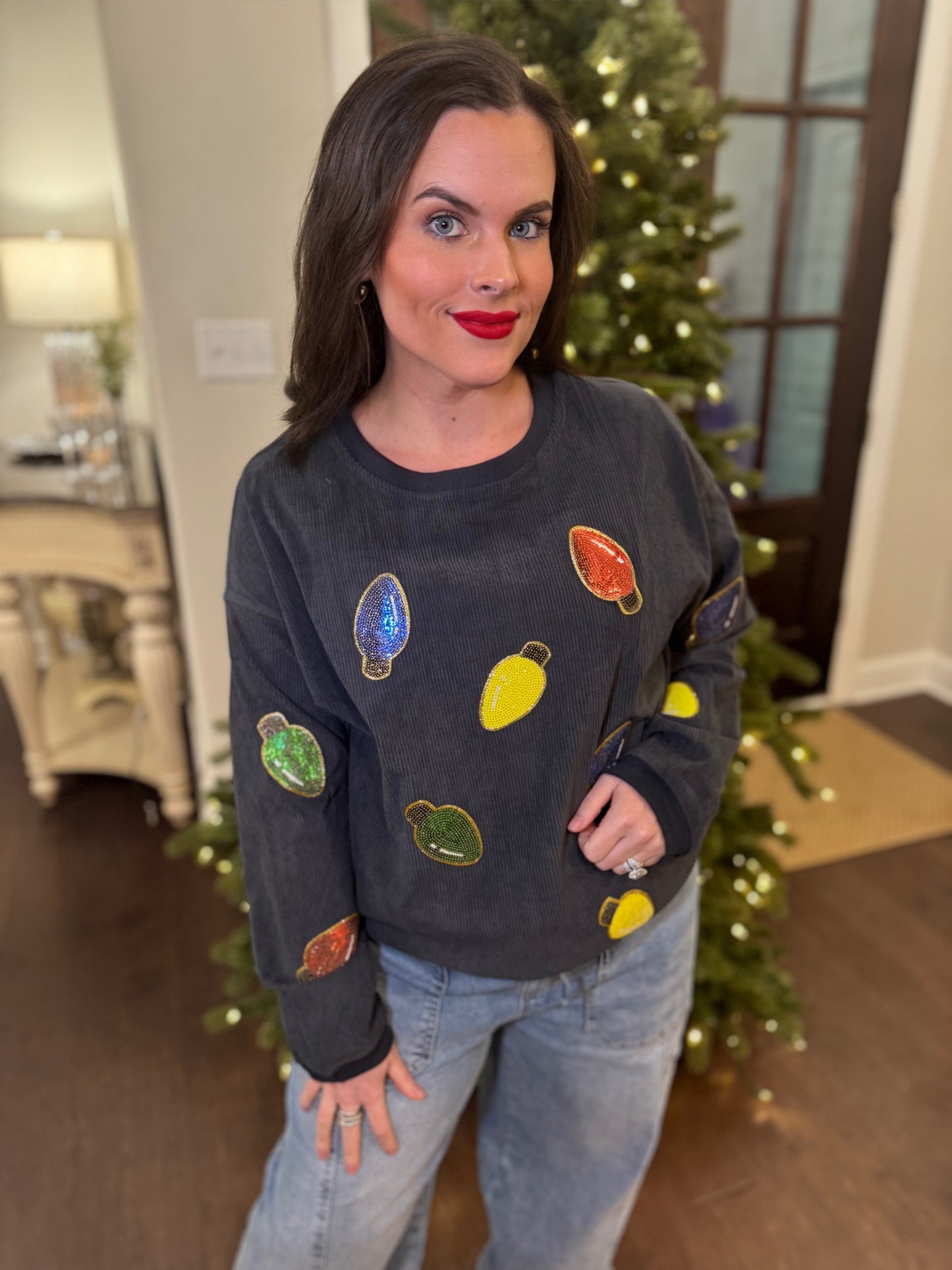 Sequin Lights Charcoal Corded Crew