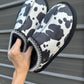 Cow print bruin slippers