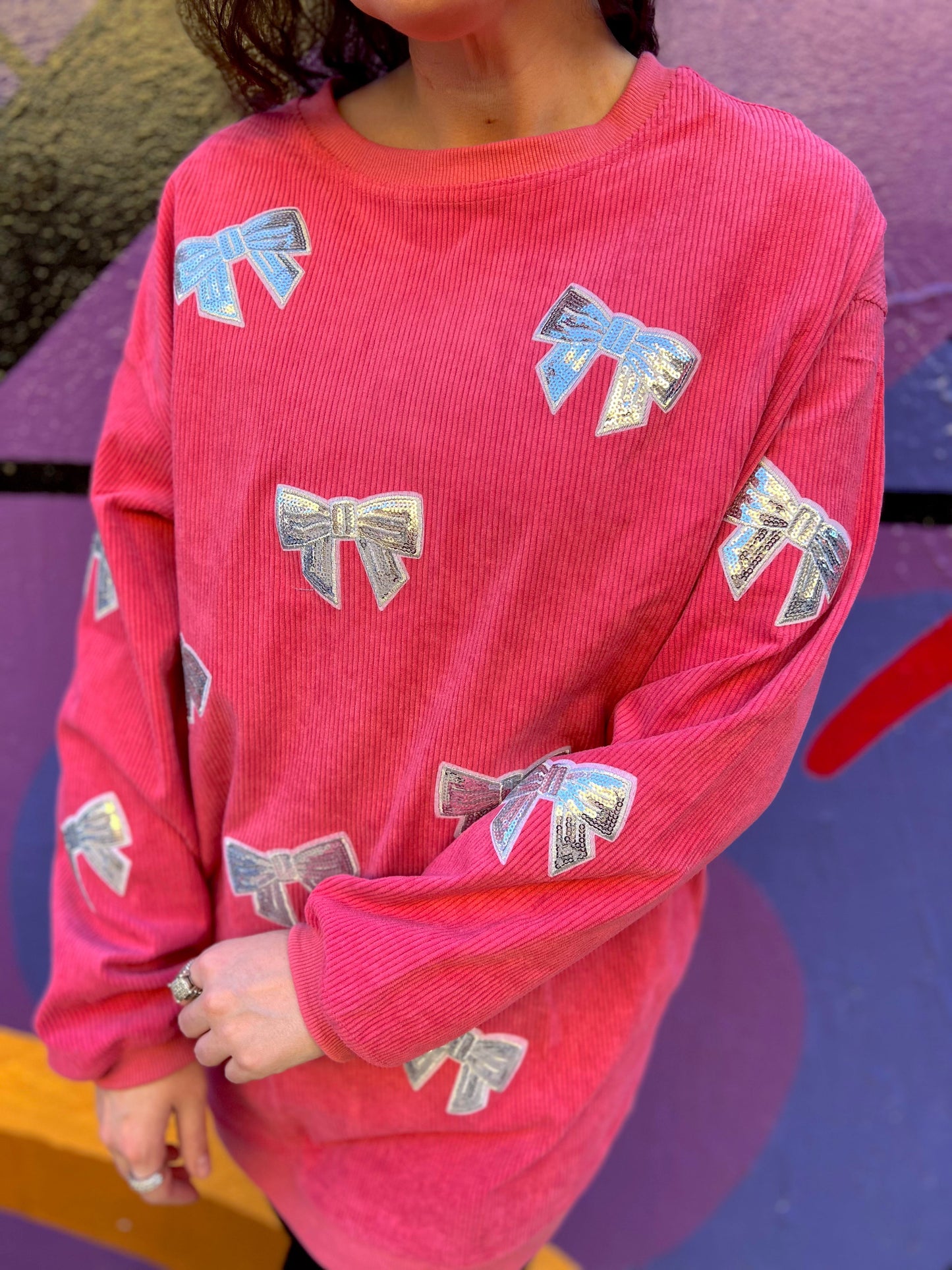 Pink/Silver Sequin Bow Corded Crew