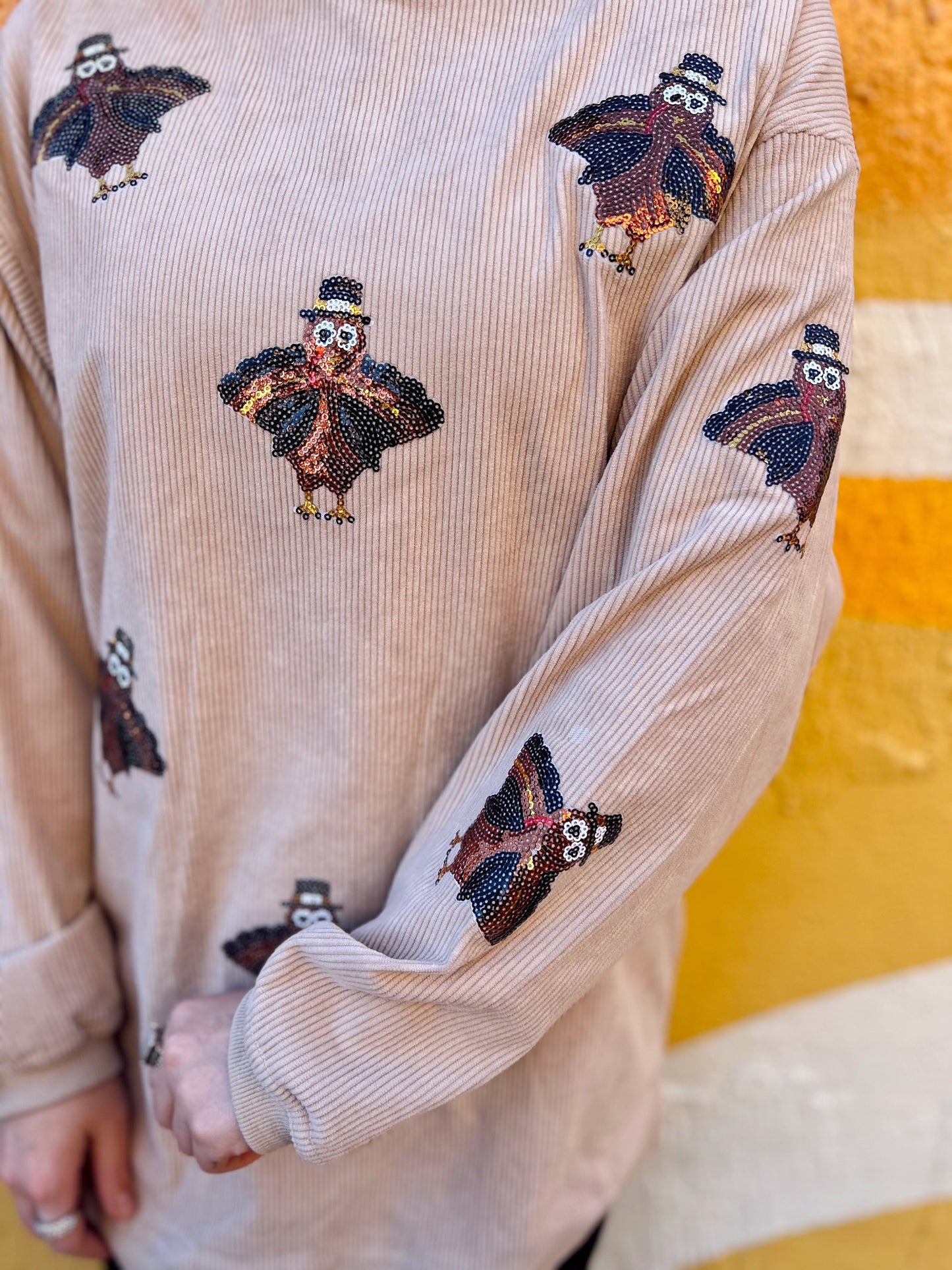 Beige Sequin Turkey Corded Crew