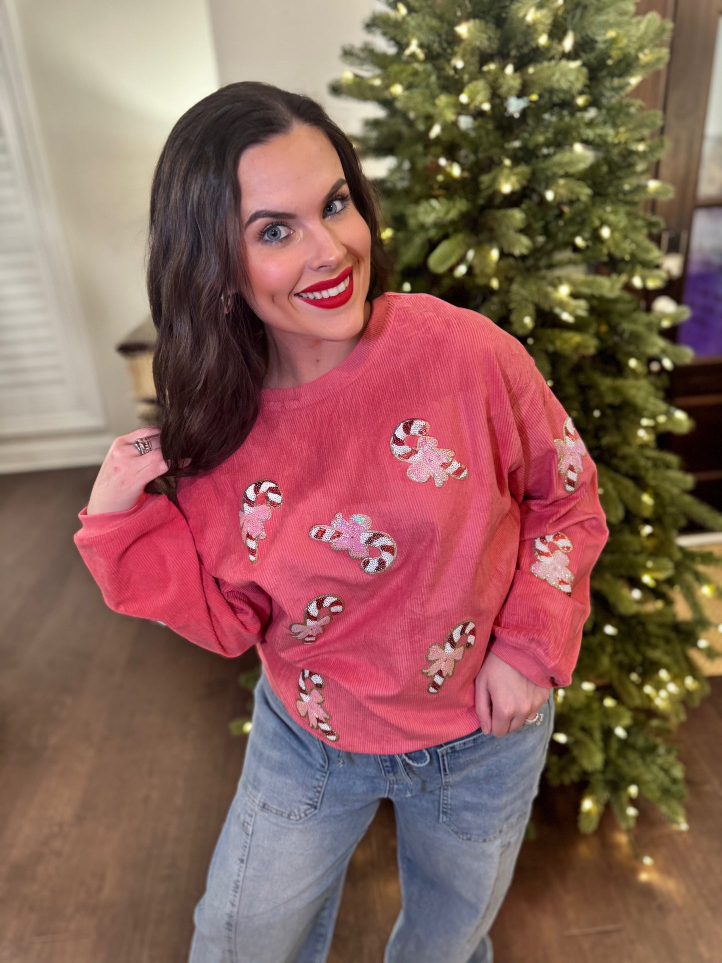 Pink Candy Cane Sequin Corded Crew