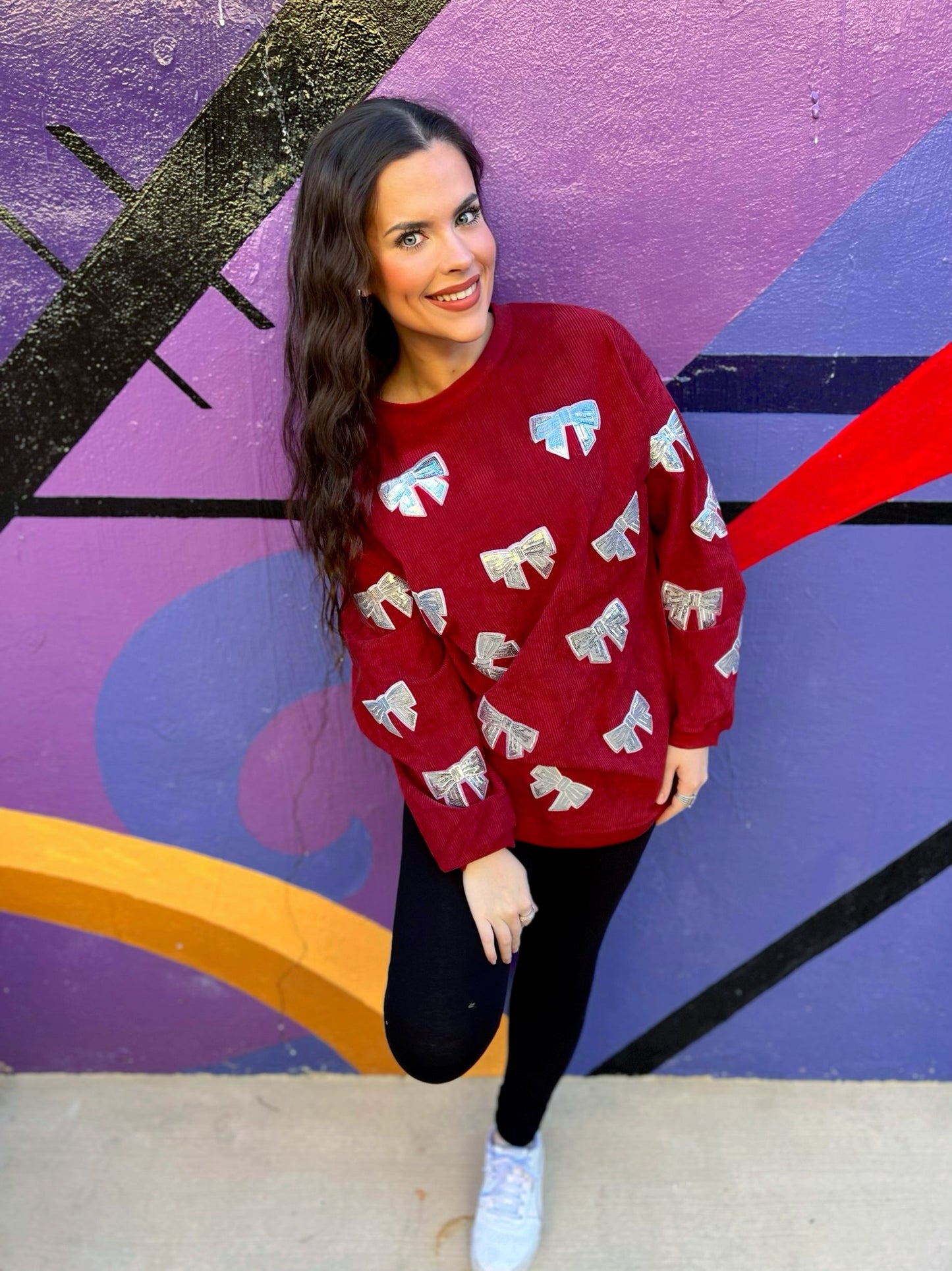 Preorder Red/Silver Sequin Bow Corded Crew