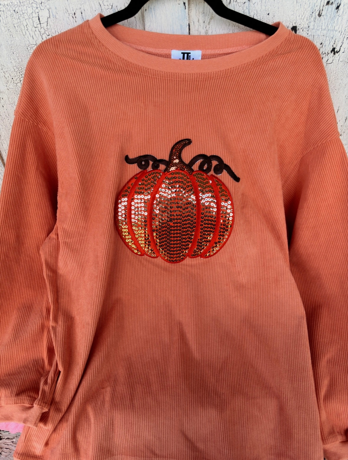 RTS Orange Sequin Pumpkin Corded Crew