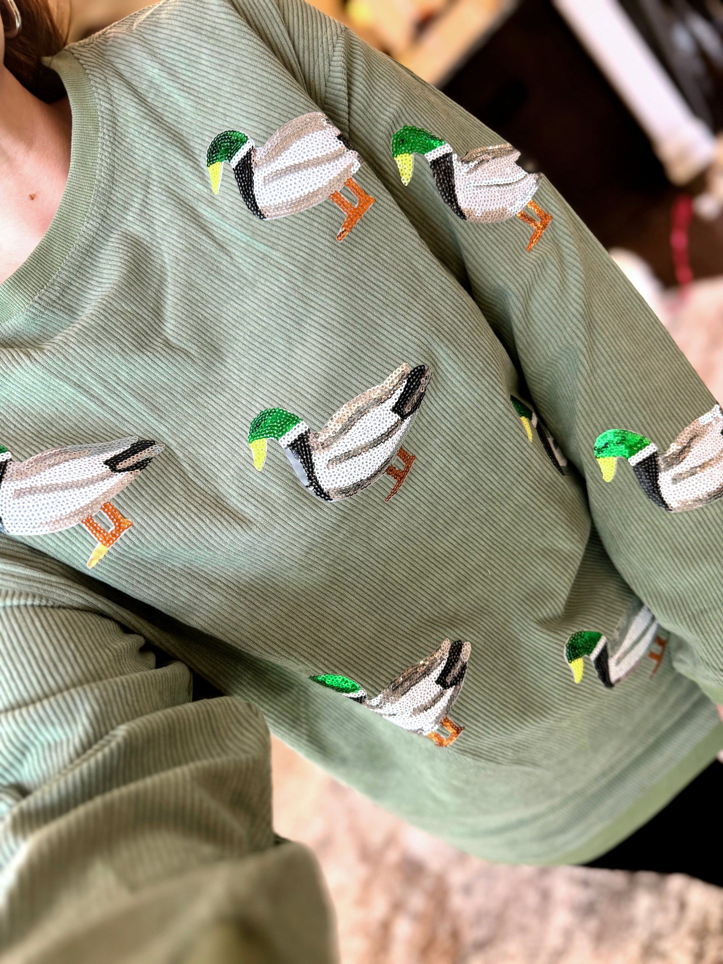 Mallard Duck Sequin Corded Crews