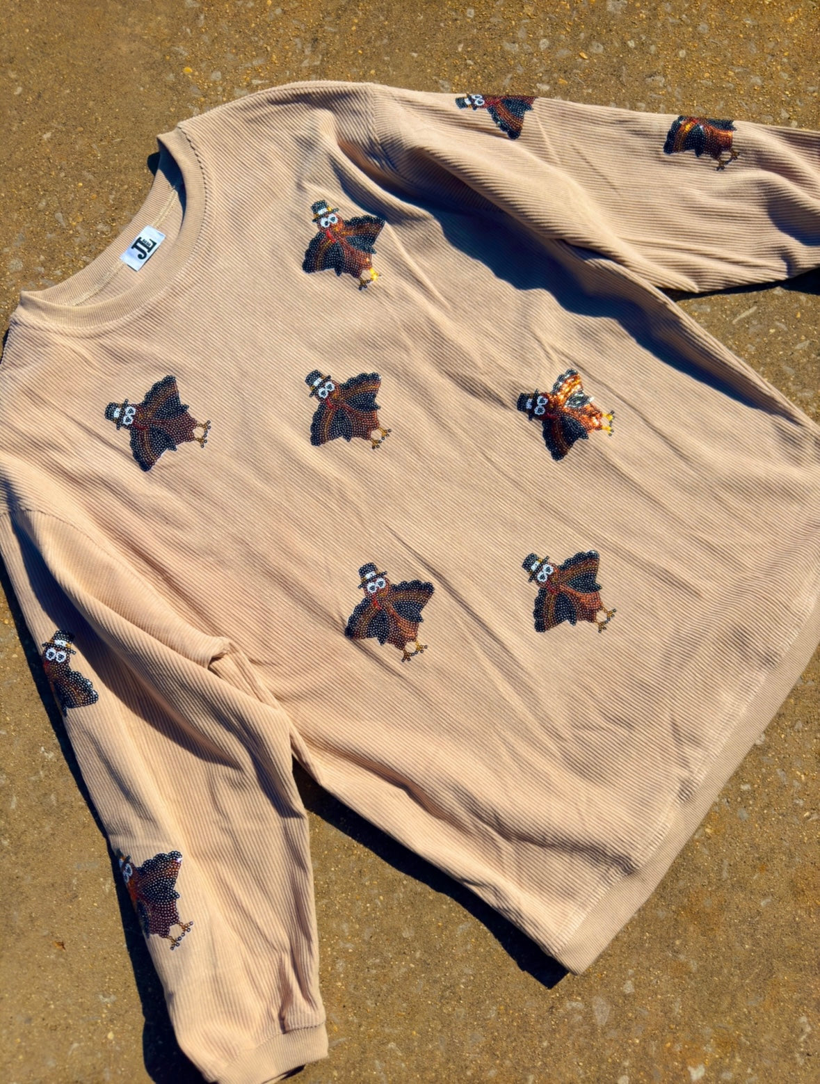 Beige Sequin Turkey Corded Crew
