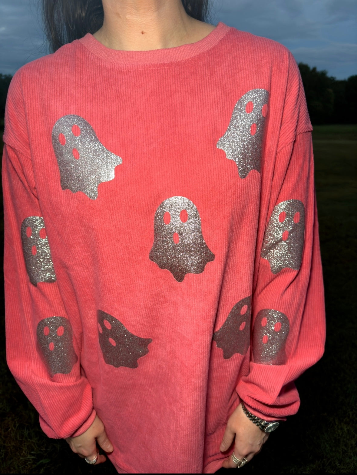 Blush Pink Glitter Ghost Corded Crew
