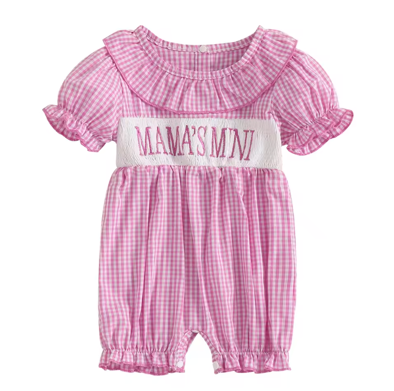 Pink Plaid Bubble Sleeve Embroidered Mama's Mini Romper