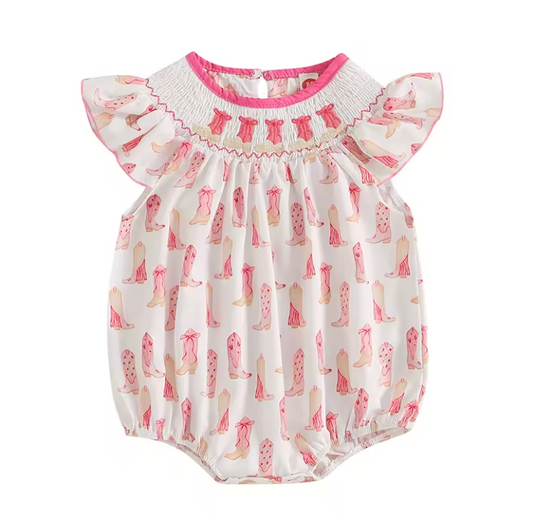 Cowgirl Boots Embroidered Smocked Romper